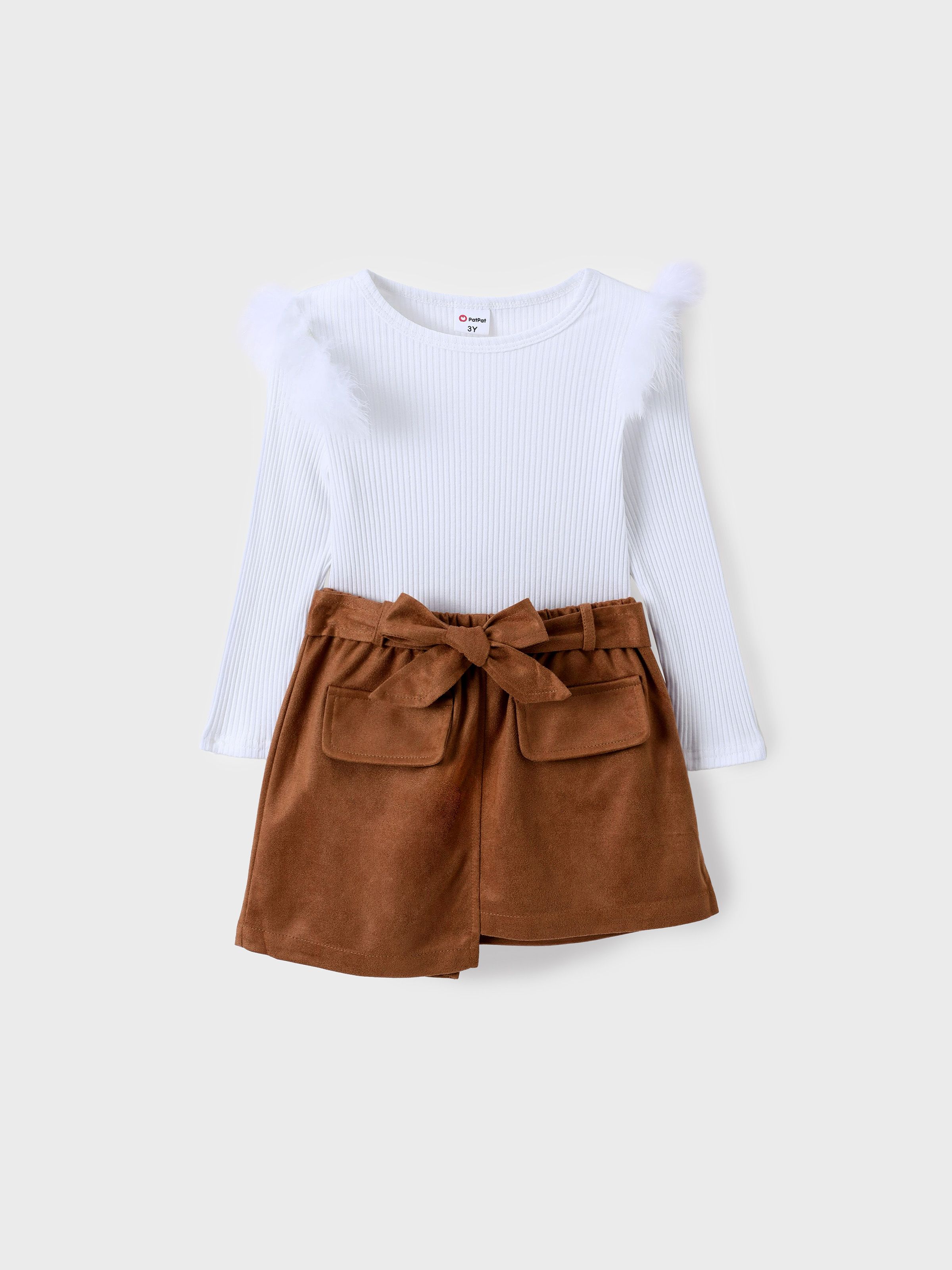 

Toddler Girl 3pcs Long Sleeve Top and Irregular Skirt with Belt Set