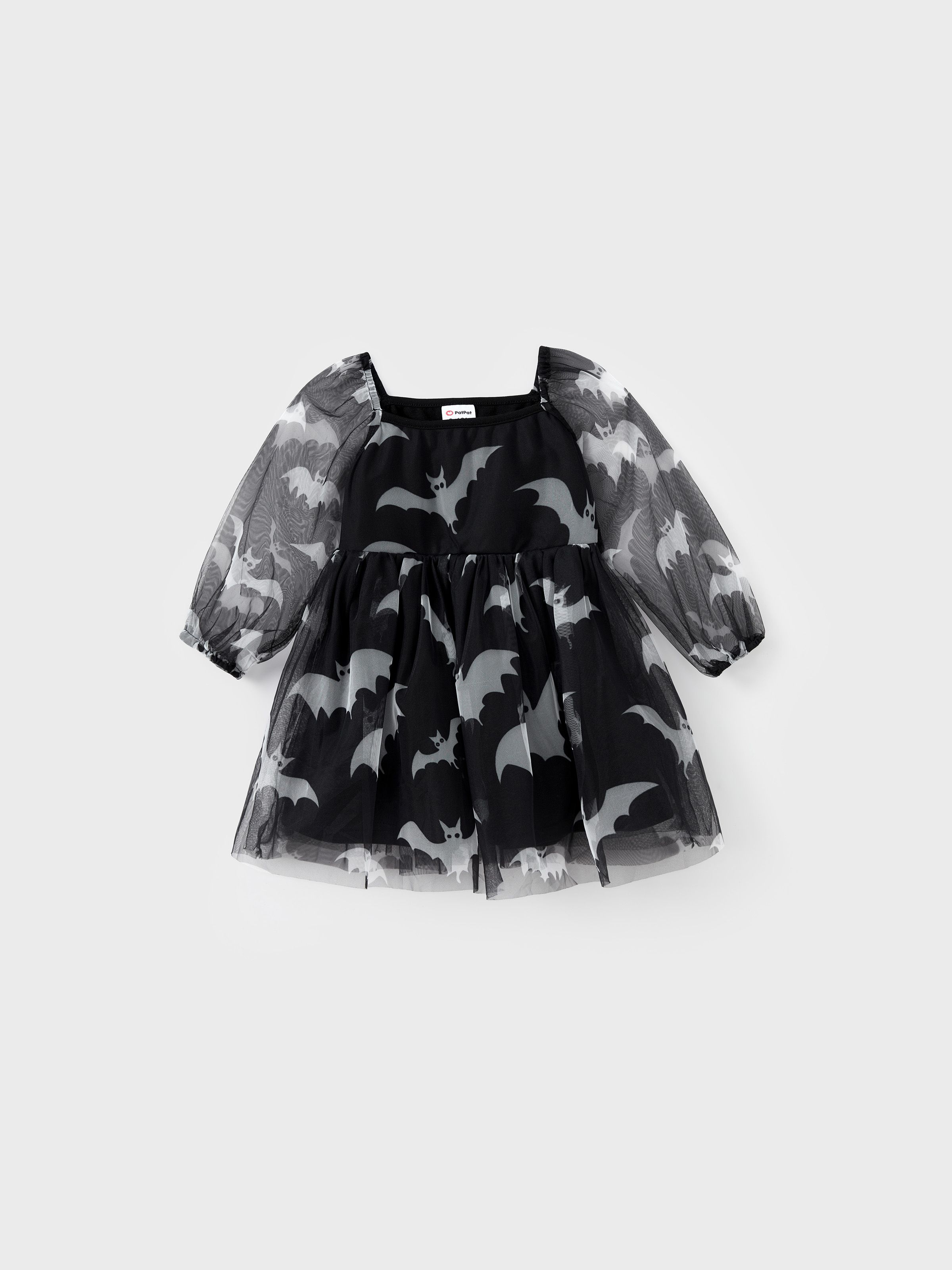 

Halloween Night Family Matching Bat Print Tee or Bat Allover Pattern Half-Sleeve Tulle Dress
