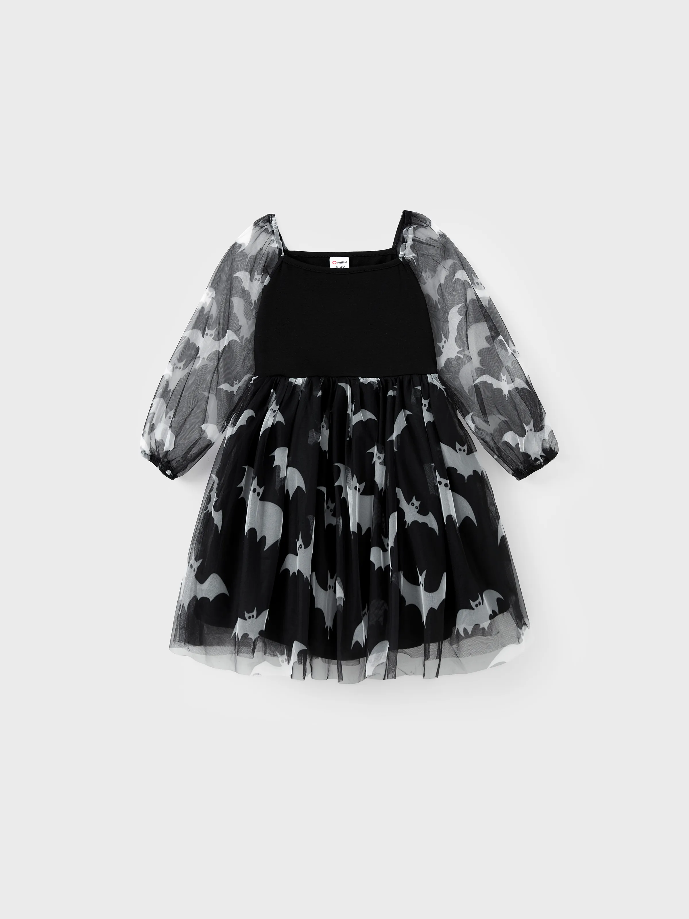 

Halloween Night Family Matching Bat Print Tee or Bat Allover Pattern Half-Sleeve Tulle Dress