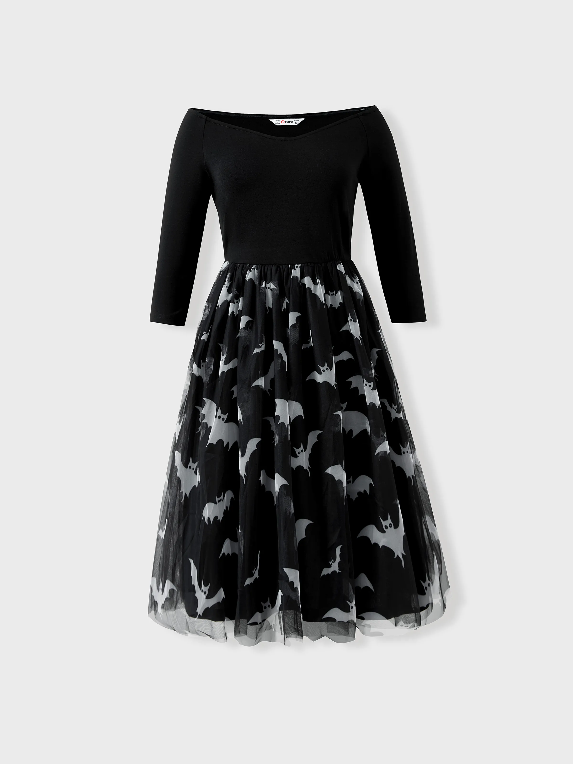 

Halloween Night Family Matching Bat Print Tee or Bat Allover Pattern Half-Sleeve Tulle Dress