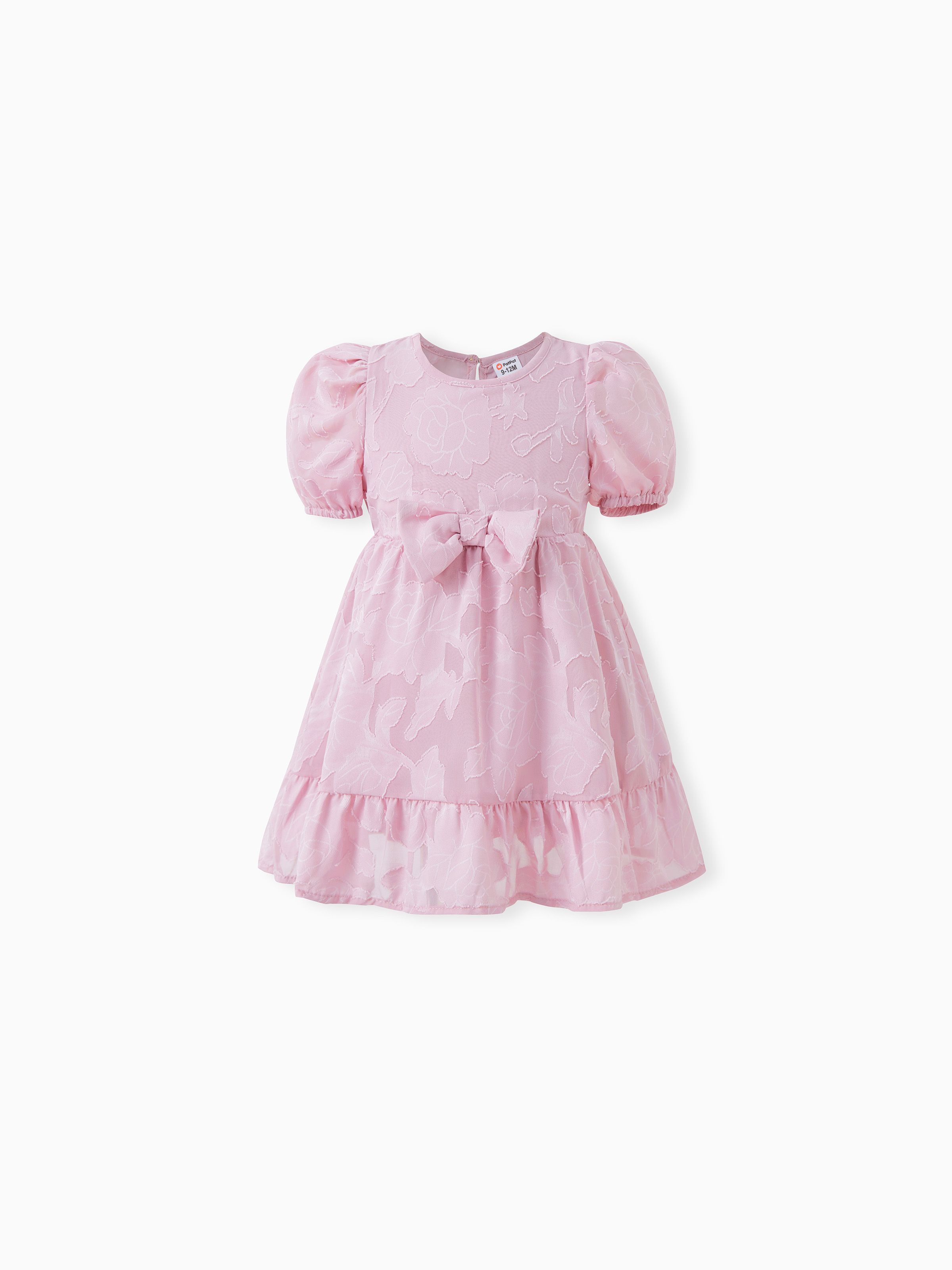 

Mommy and Me Pink Lace Bubble Sleeves Belted Church Tiered Dresses with Hidden Snap