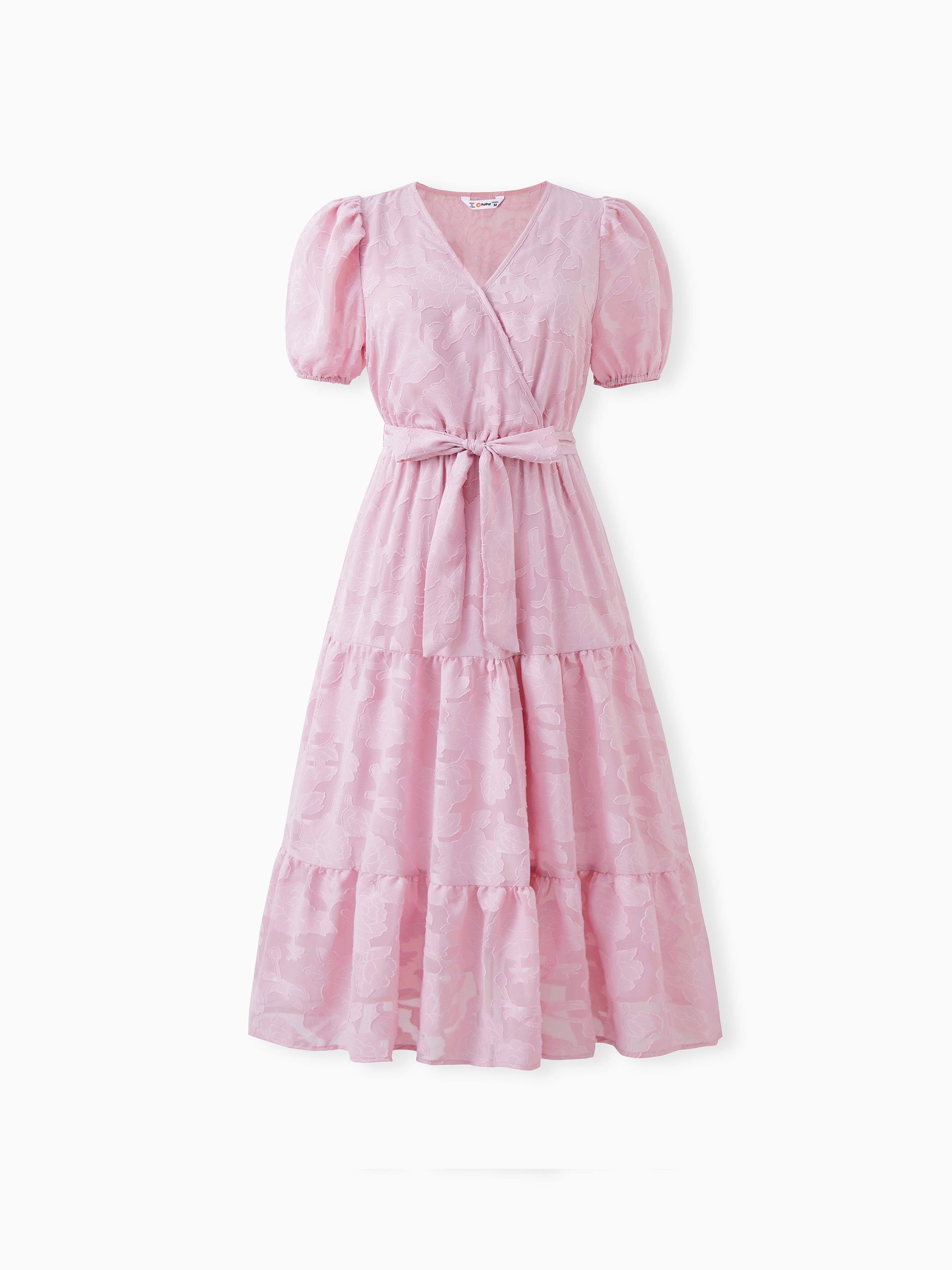

Mommy and Me Pink Lace Bubble Sleeves Belted Church Tiered Dresses with Hidden Snap