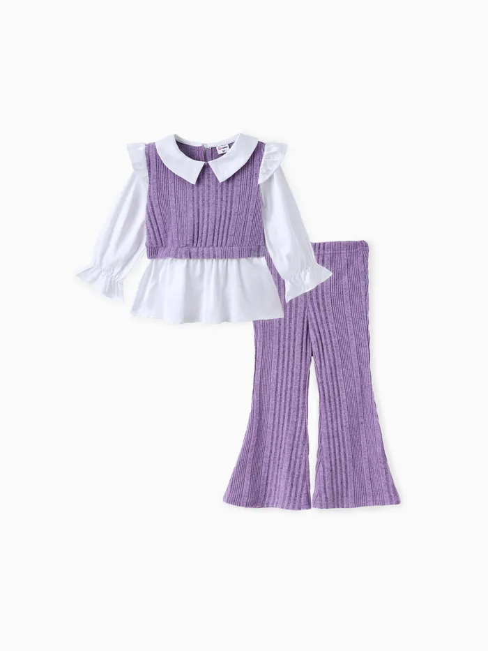 Niña pequeña 2pcs Blusa falsa dos y conjunto de pantalones acampanados