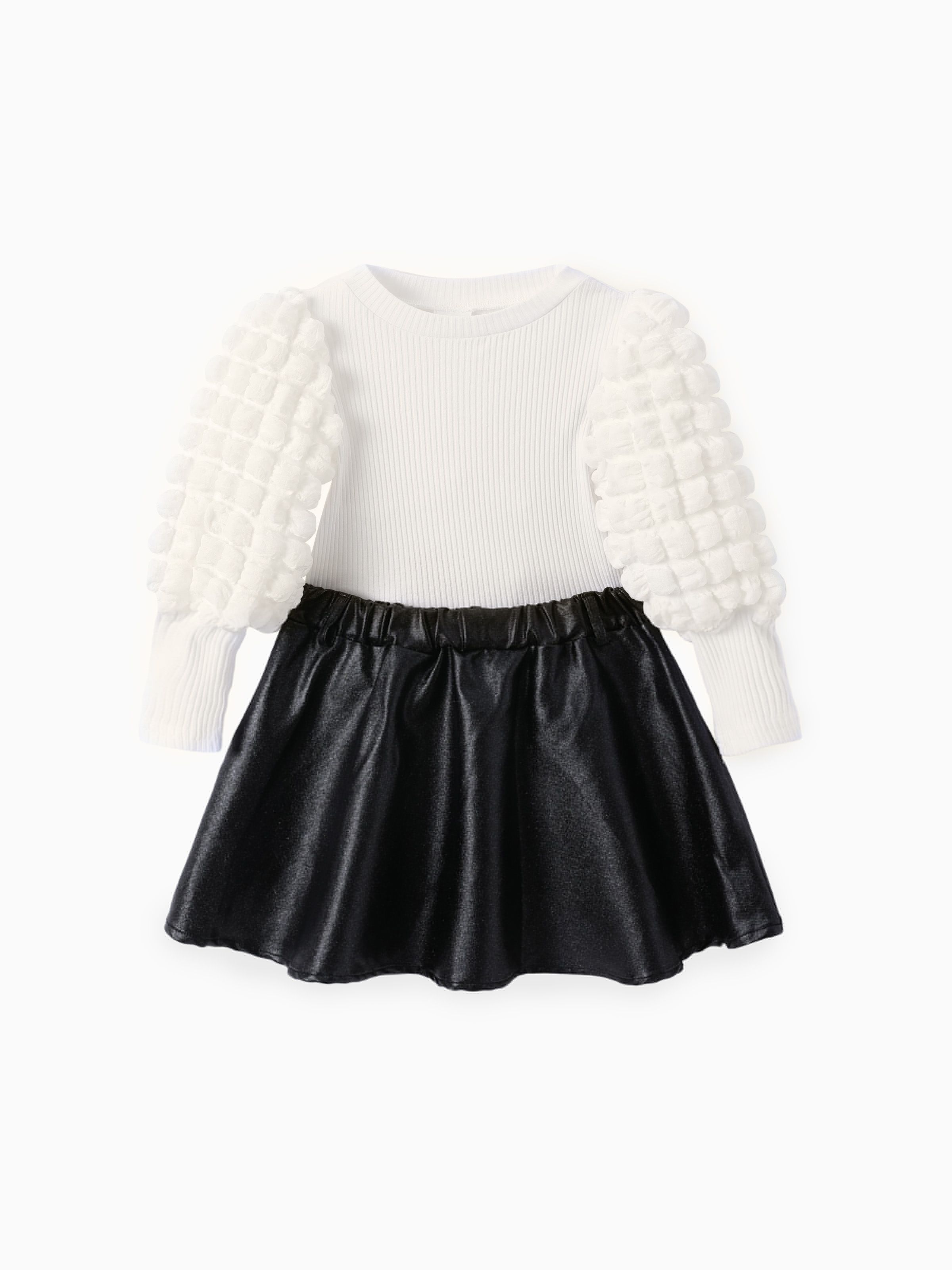 

Toddler Girl 2pcs Puff-sleeve Tee and Leather Skirt Set