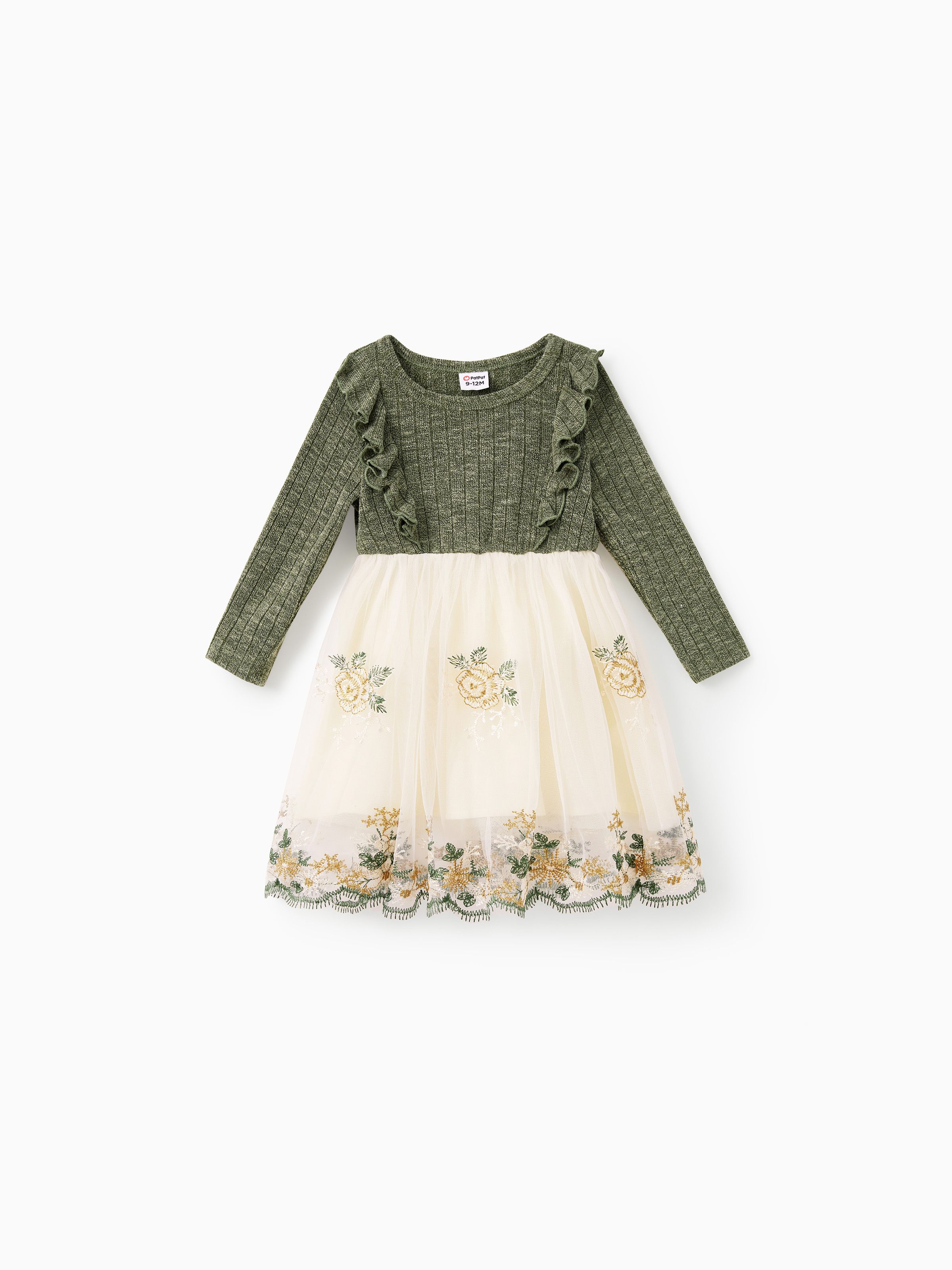 

Family Matching Sets Green Long Sleeves Shirt or Ribbed Off-Shoulder Embroidered Tulle Dress