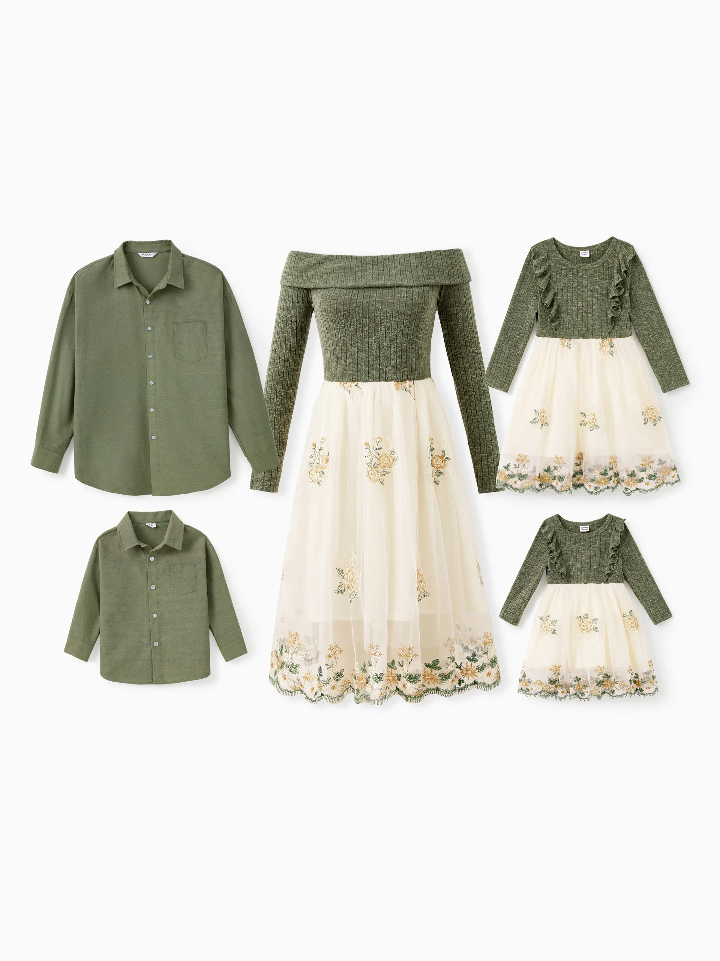 Family Matching Sets Green Long Sleeves Shirt or Ribbed Off-Shoulder Embroidered Tulle Dress