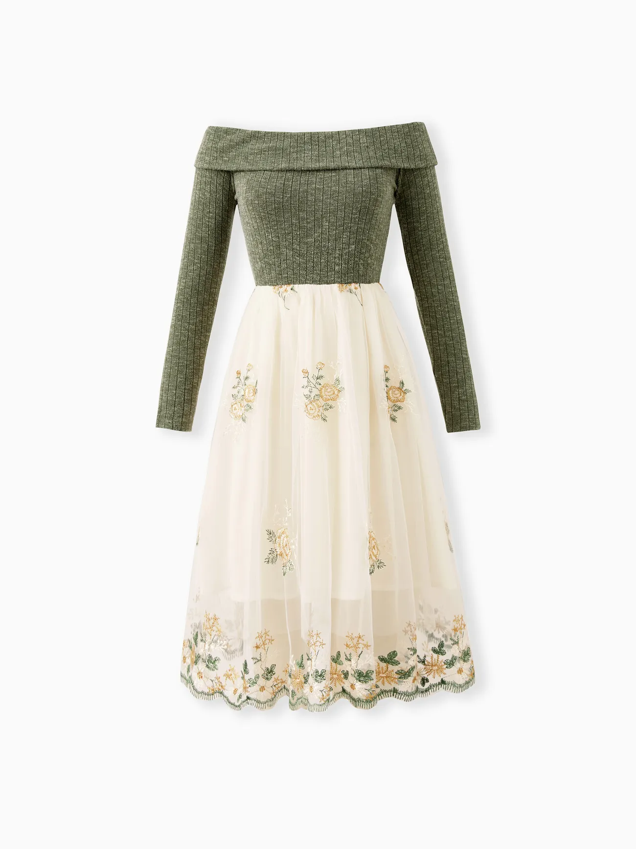 

Family Matching Sets Green Long Sleeves Shirt or Ribbed Off-Shoulder Embroidered Tulle Dress