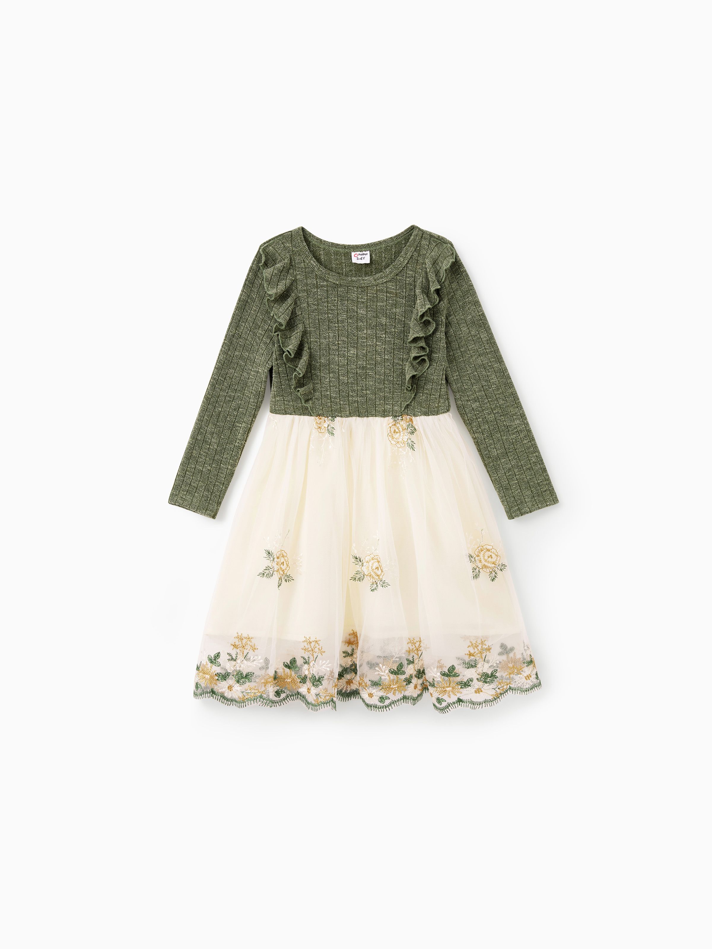 

Family Matching Sets Green Long Sleeves Shirt or Ribbed Off-Shoulder Embroidered Tulle Dress