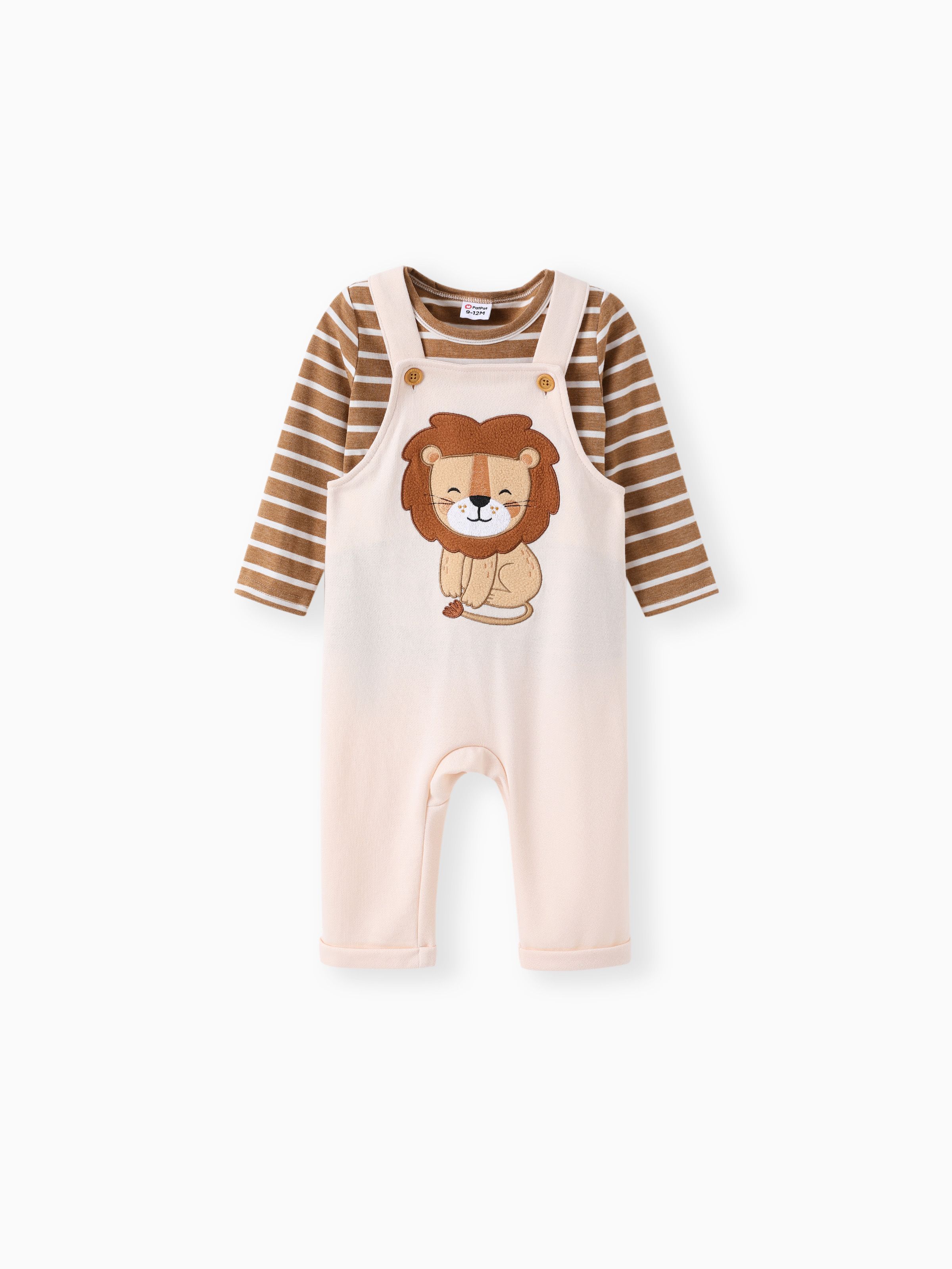 

Baby Boy 2pcs Striped Tee and Lion Embroidered Overalls Set