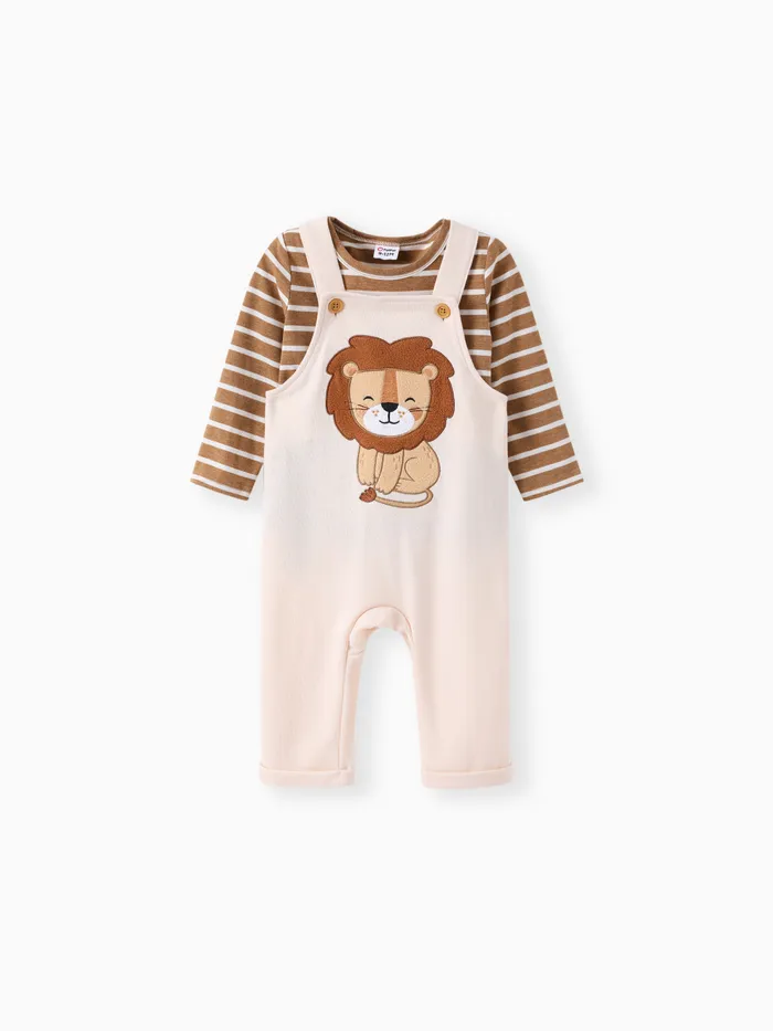 Conjunto de Macacão Bordado de Camiseta Listrada e Leão para Bebê Menino 2pcs