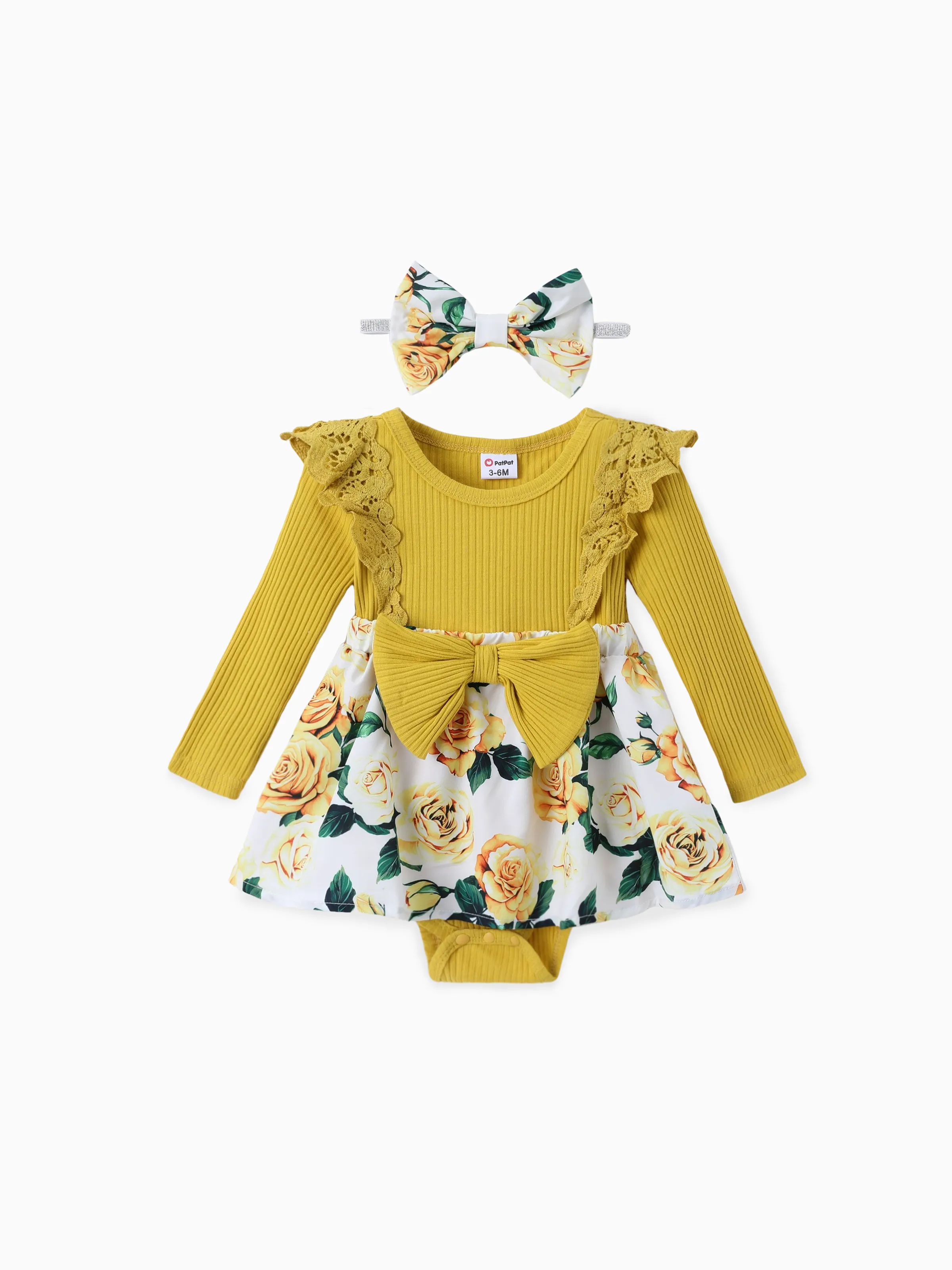 

Baby Girl Floral Print Ruffled Romper with Headband