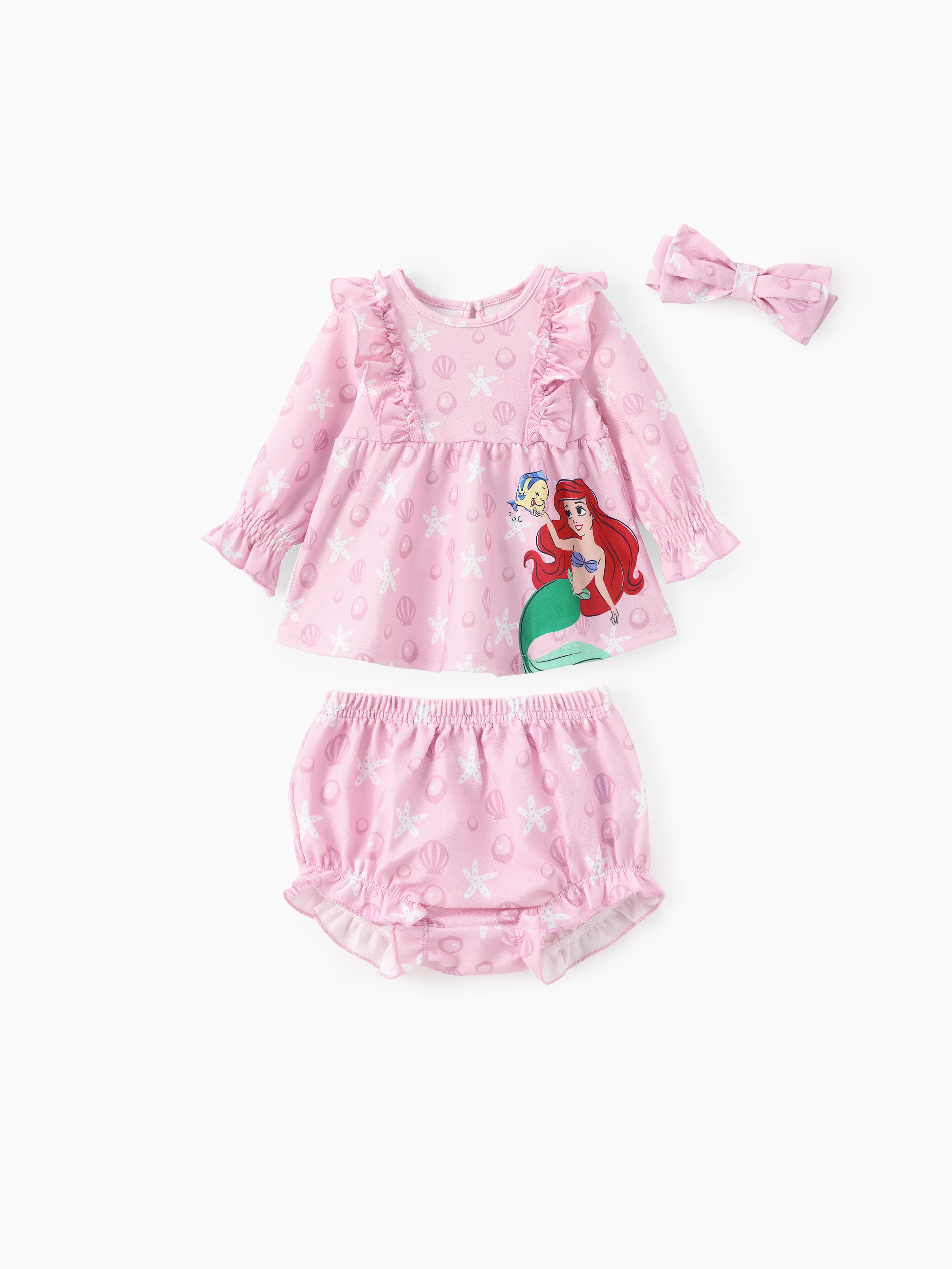 Disney Princess Baby Girl 3pcs Ruffle Top with Diaper Bowknot Hairband Set