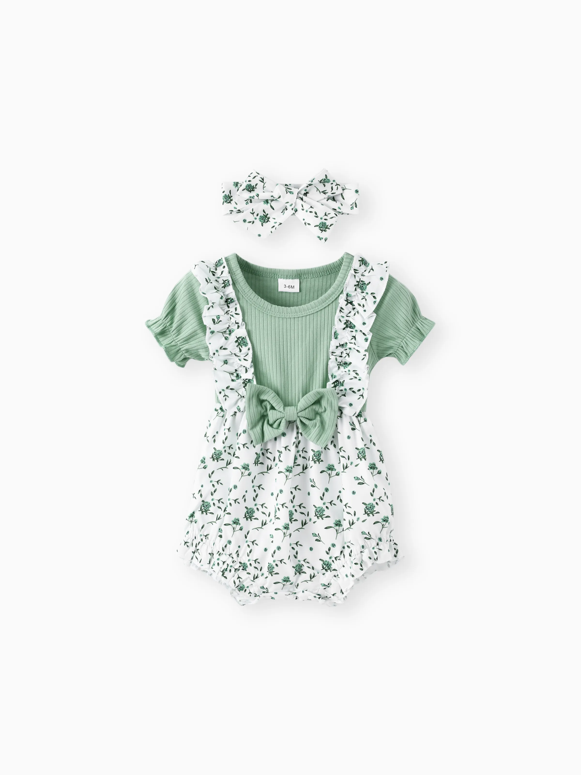 

2pcs Baby Girl Ruffle Ribbed Allover Floral Print Puff-sleeve Romper and Headband Set