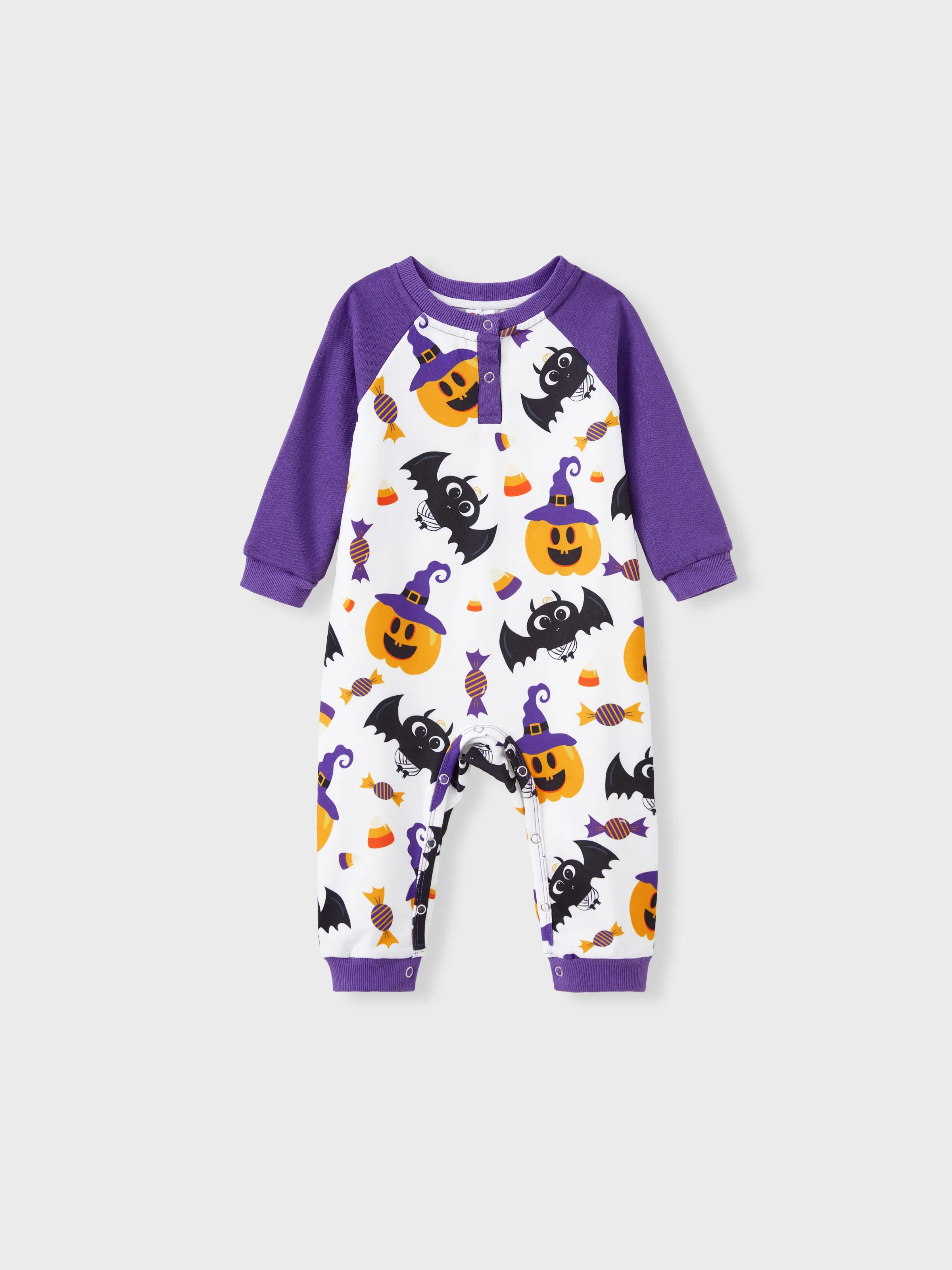 

Halloween Family Matching Purple Crew Neck Pumpkin, Bats and Candy Allover Pattern Tops