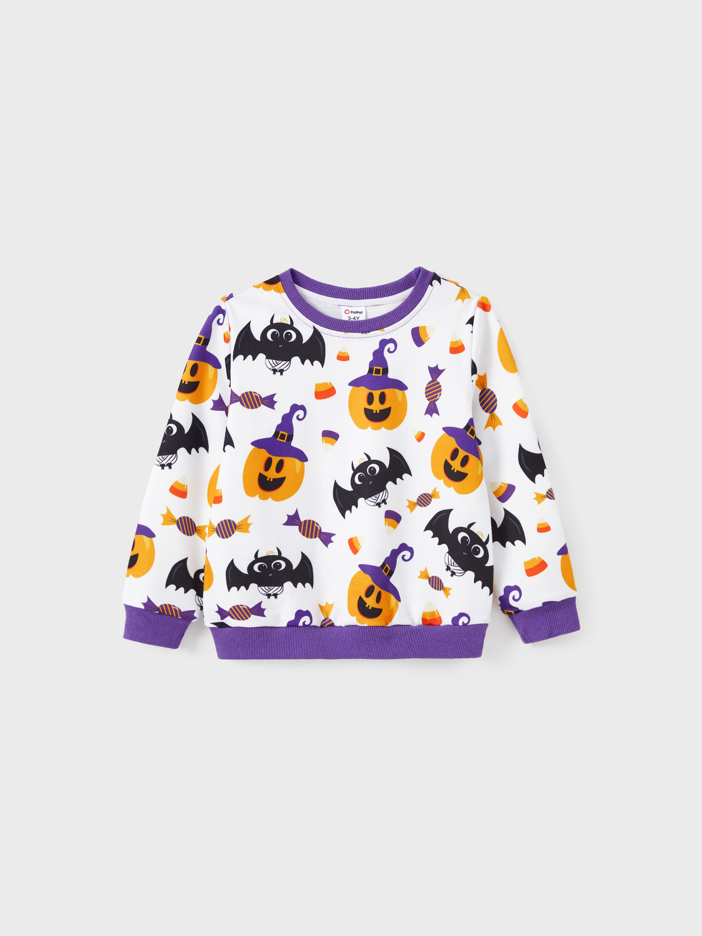 

Halloween Family Matching Purple Crew Neck Pumpkin, Bats and Candy Allover Pattern Tops