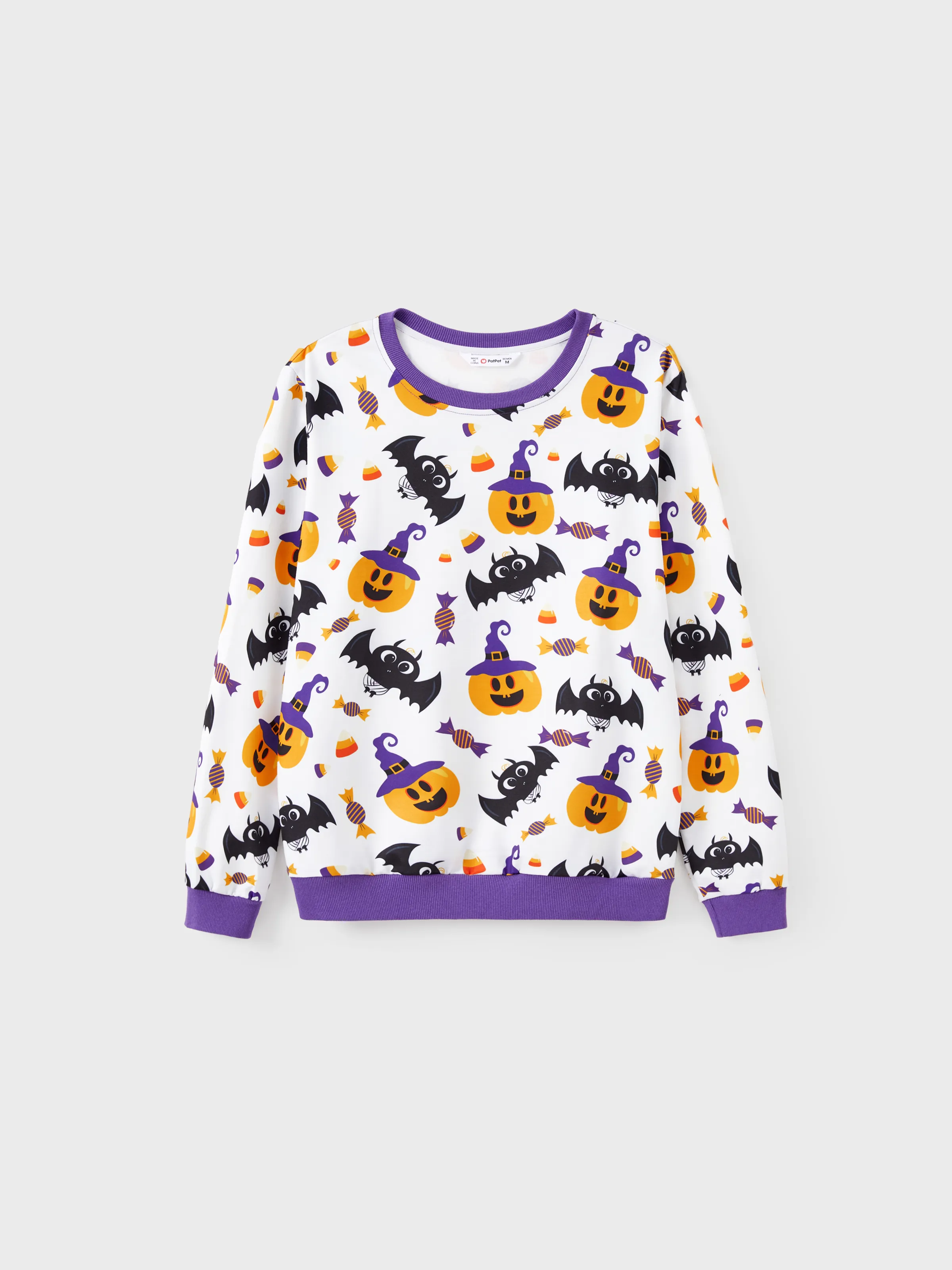 

Halloween Family Matching Purple Crew Neck Pumpkin, Bats and Candy Allover Pattern Tops