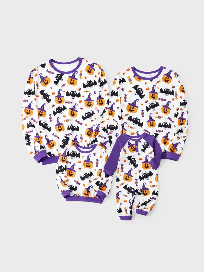 Halloween Family Matching Purple Crew Neck Pumpkin, Bats and Candy Allover Pattern Tops