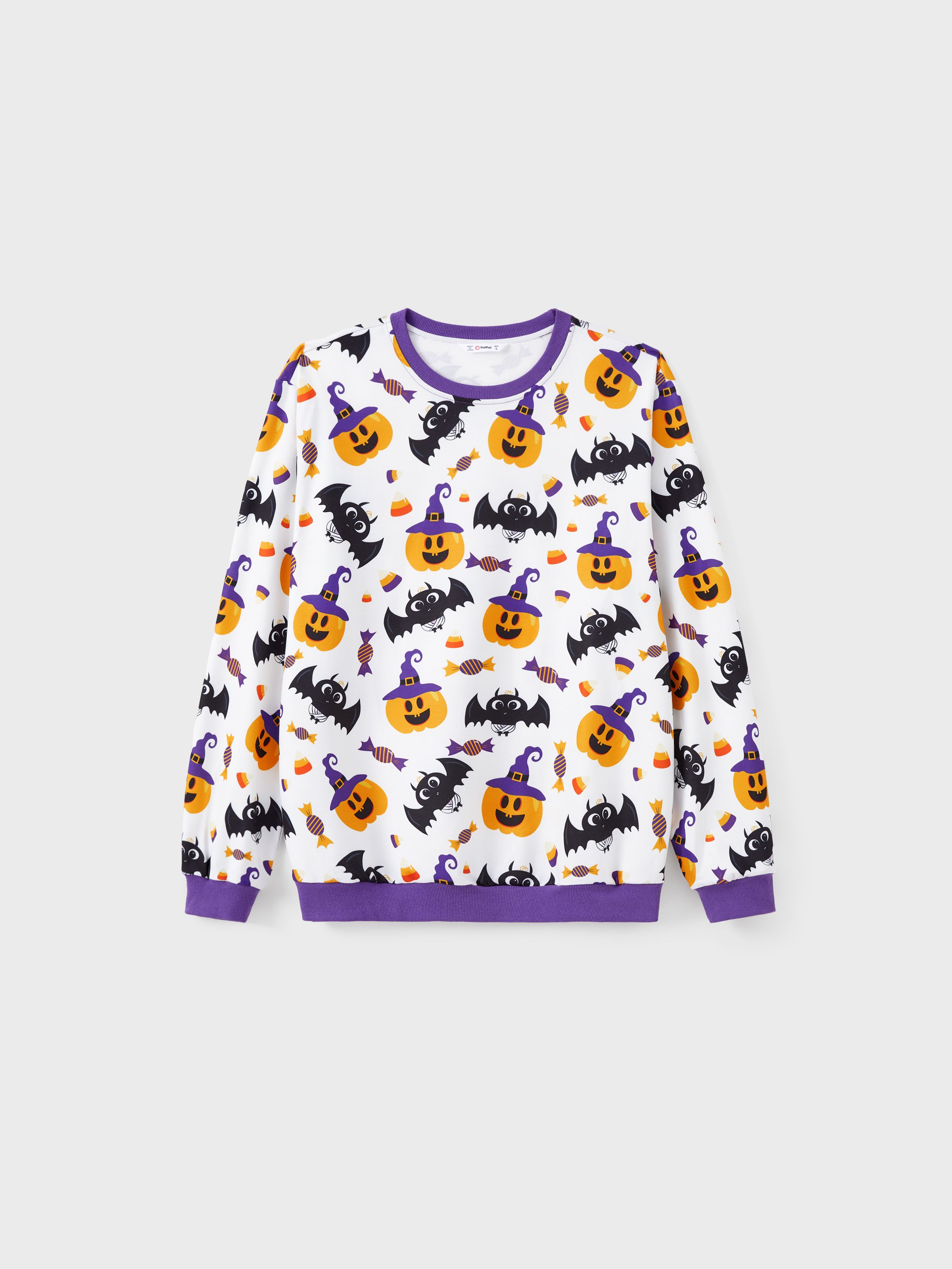 

Halloween Family Matching Purple Crew Neck Pumpkin, Bats and Candy Allover Pattern Tops