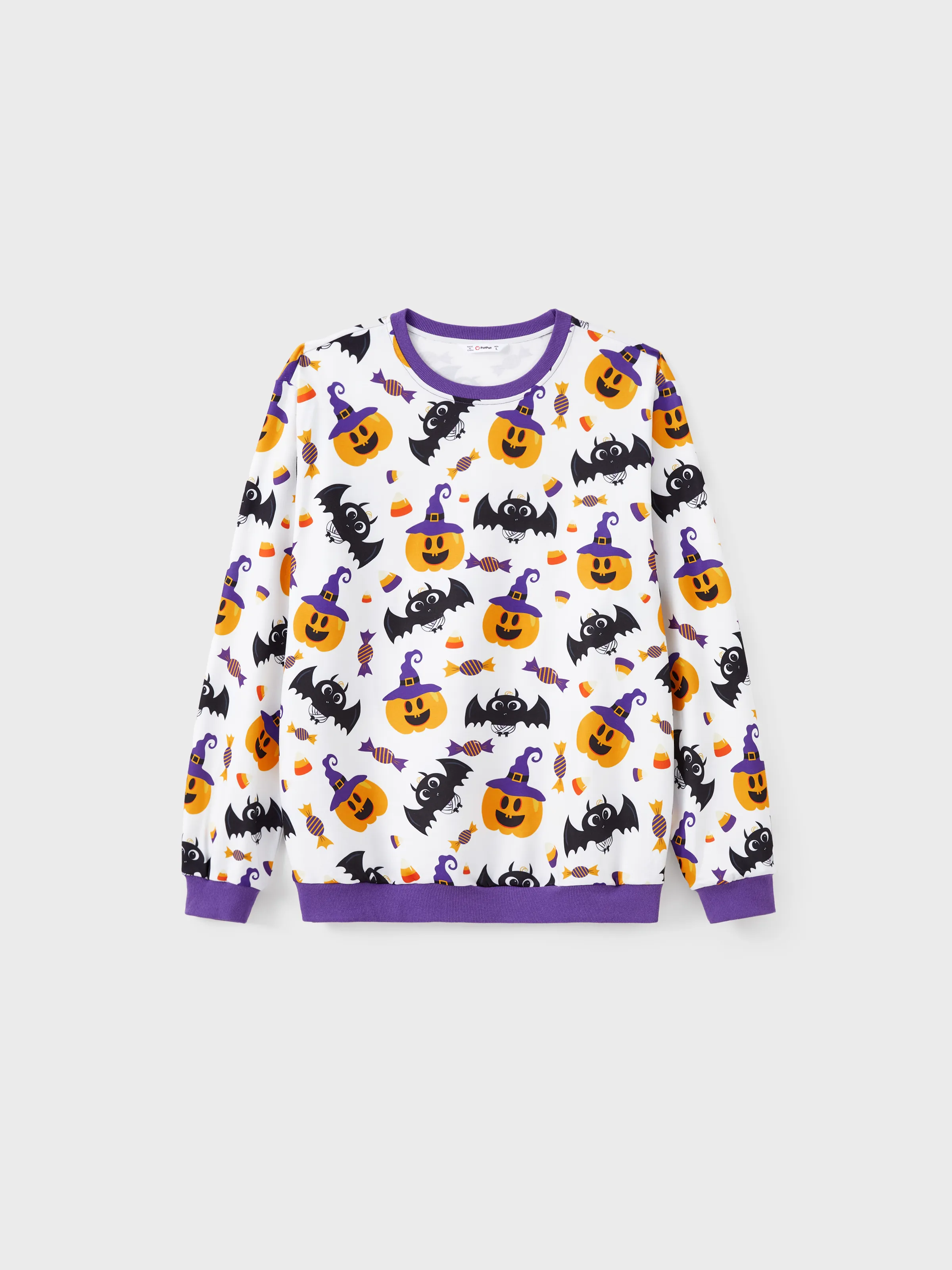 

Halloween Family Matching Purple Crew Neck Pumpkin, Bats and Candy Allover Pattern Tops