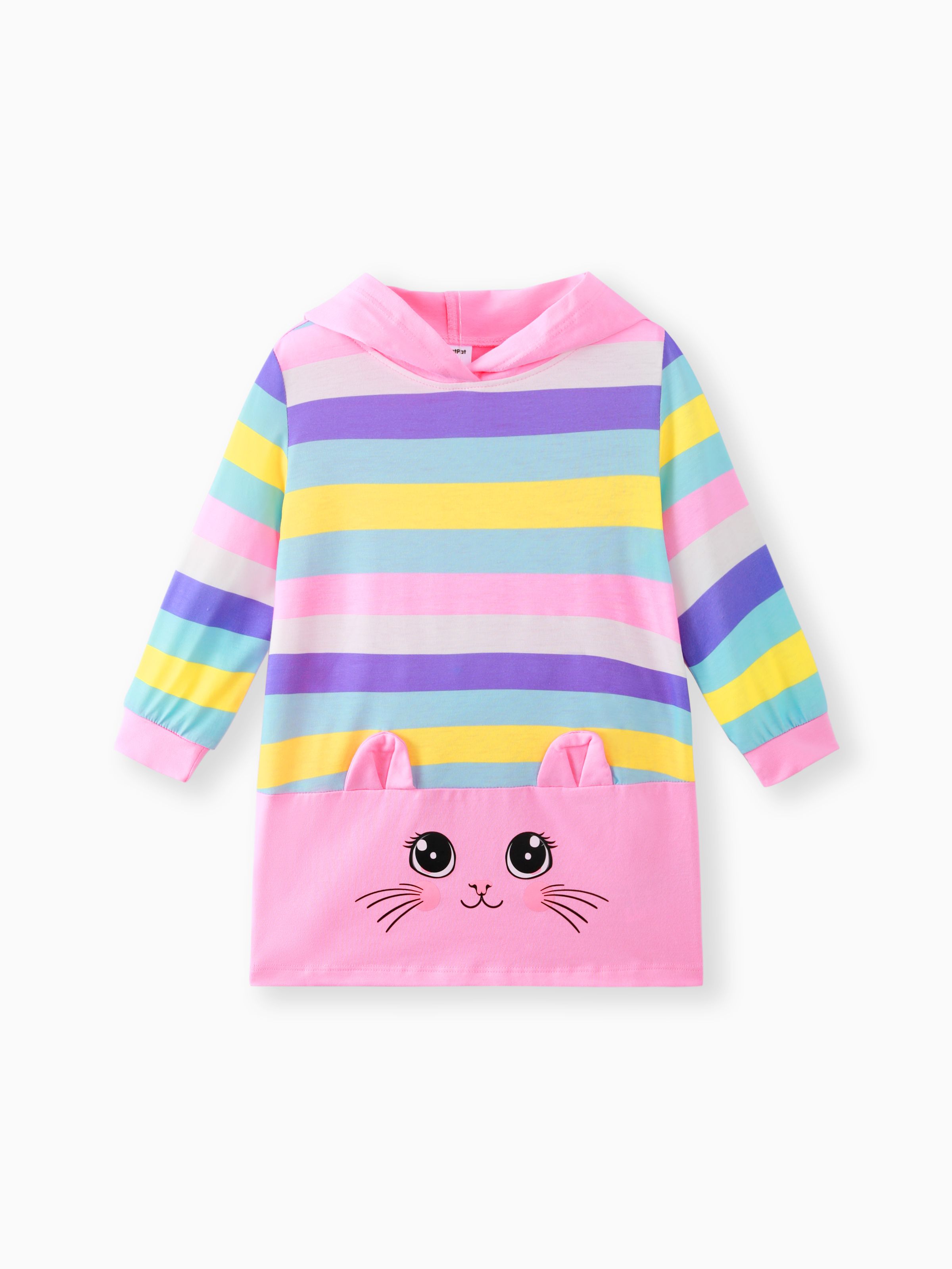 

Toddler Girl Sweet Cat Animal Design Hooded Stripe Long Sleeve Dress