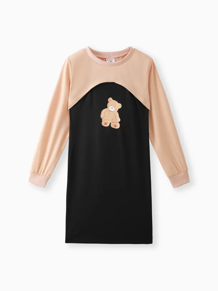 2pcs Kid Girl Long-sleeve High Low Top and Bear Print Slip Dress Set 