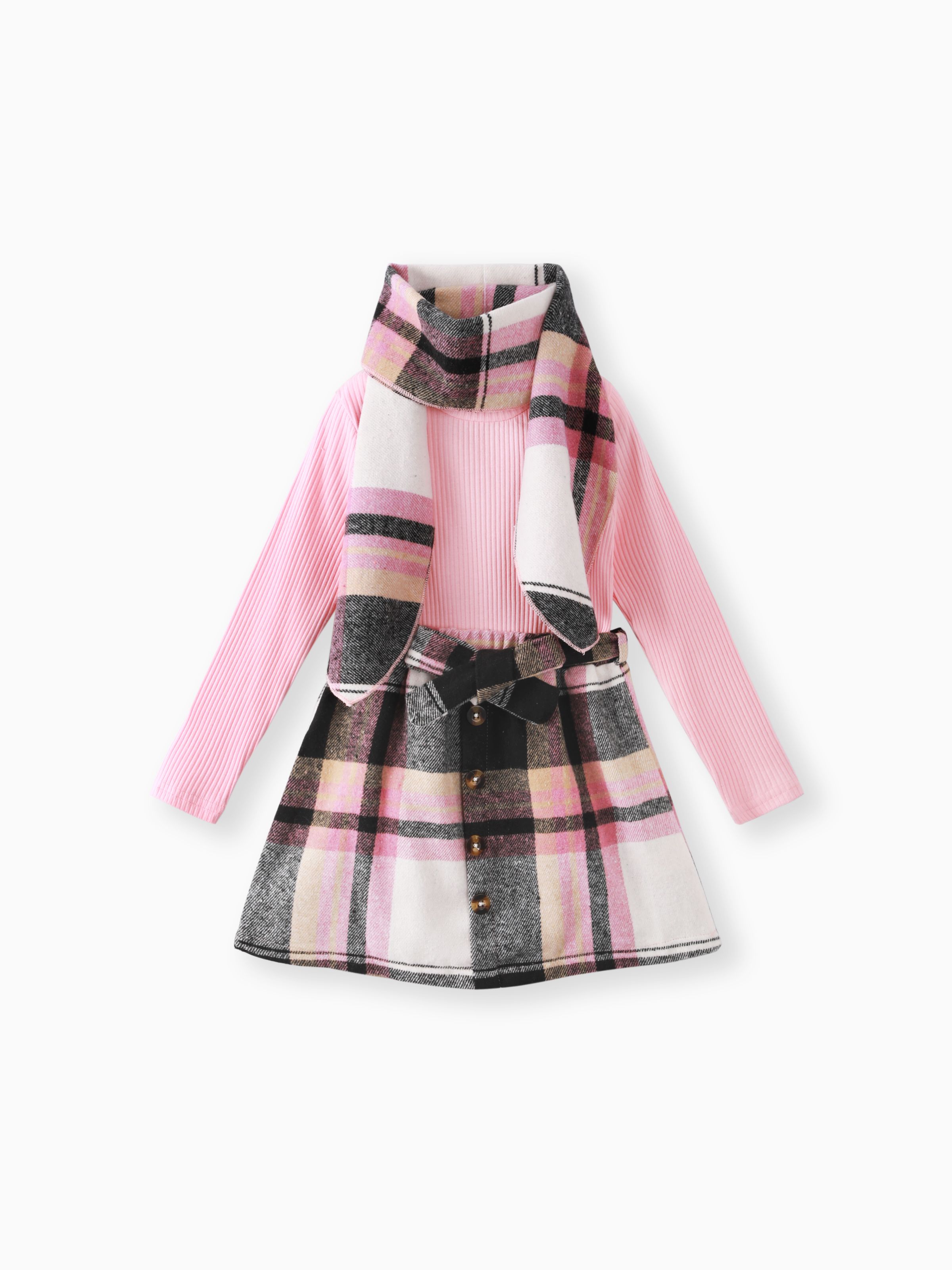 

4pcs Kid Girl 95% Cotton Ribbed Solid Long-sleeve Top and Plaid Belted Skirt & Hat & Scarf Set