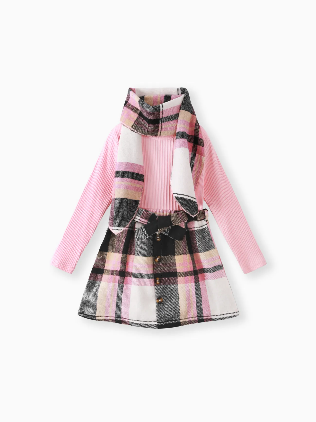 4pcs Kid Girl 95% Cotton Ribbed Solid Long-sleeve Top and Plaid Belted Skirt & Hat & Scarf Set