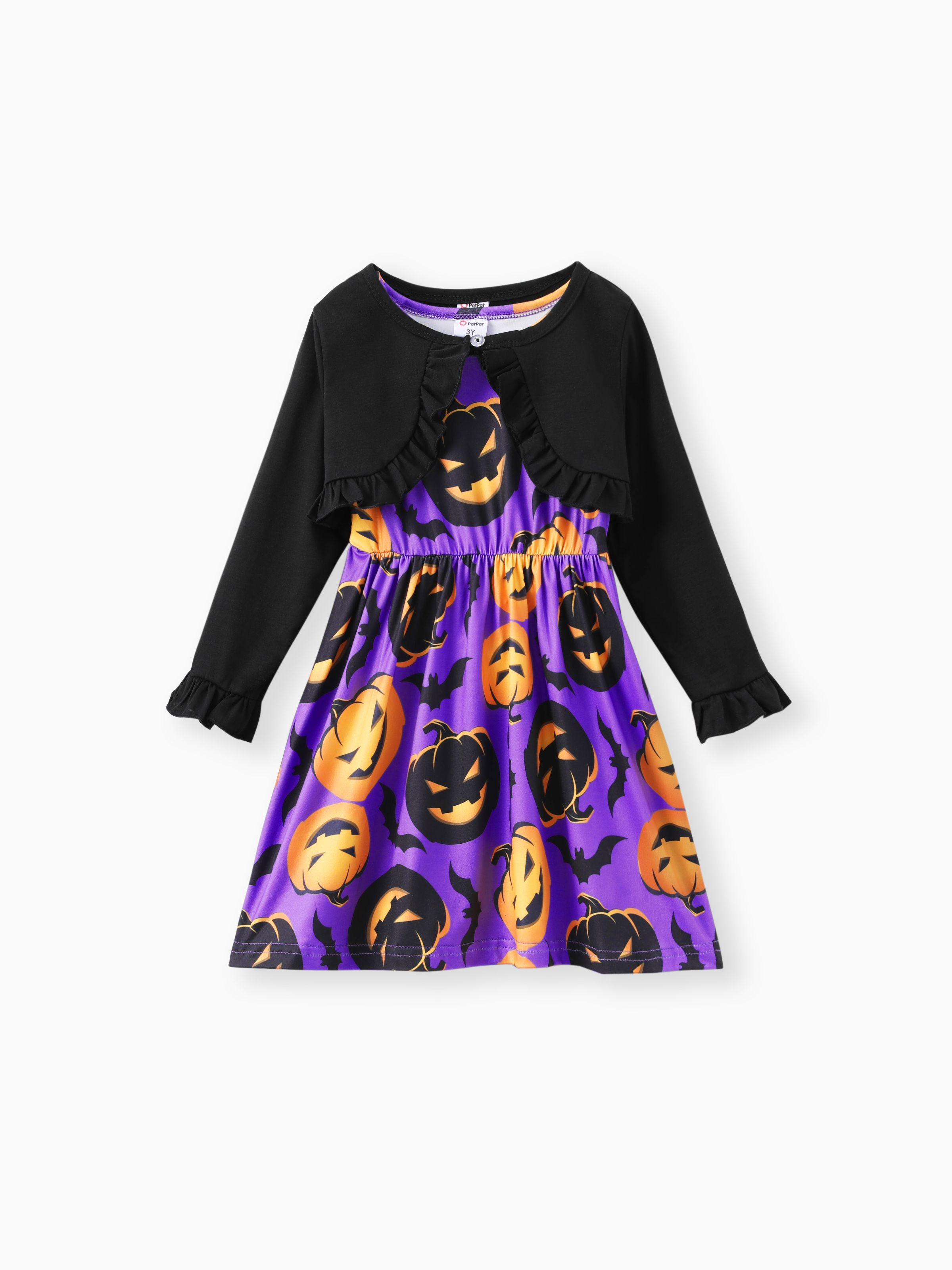

2pcs Toddler Girl Halloween Letter Pumpkin Print Sleeveless Dress and Ruffled Cardigan Set