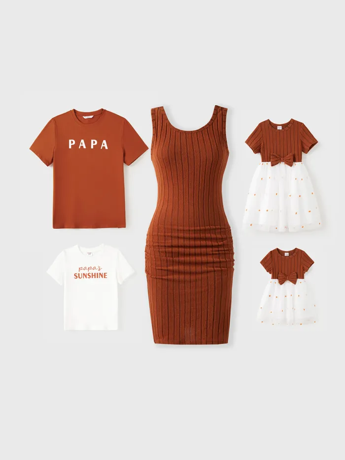 Ensemble familial assorti T-shirt couleur caramel ou robe moulante côtelée ou robe en tulle brodé