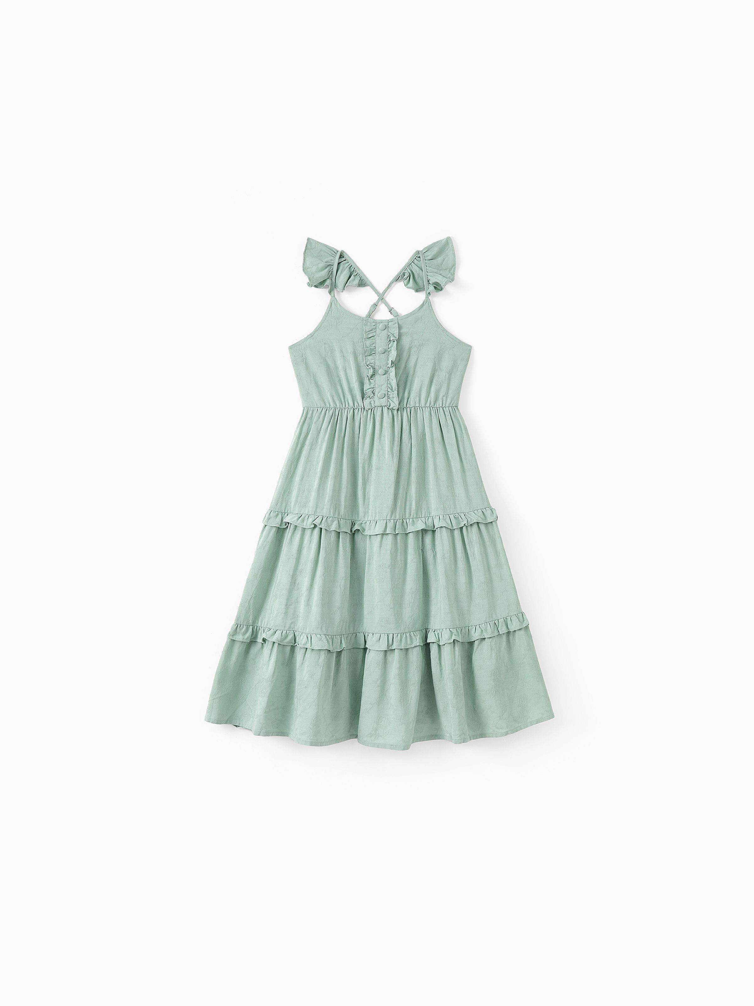

Mommy and Me Church Green Faux Button Smocked Waist Flutter Strap Tiered Ruffle Hem Dress