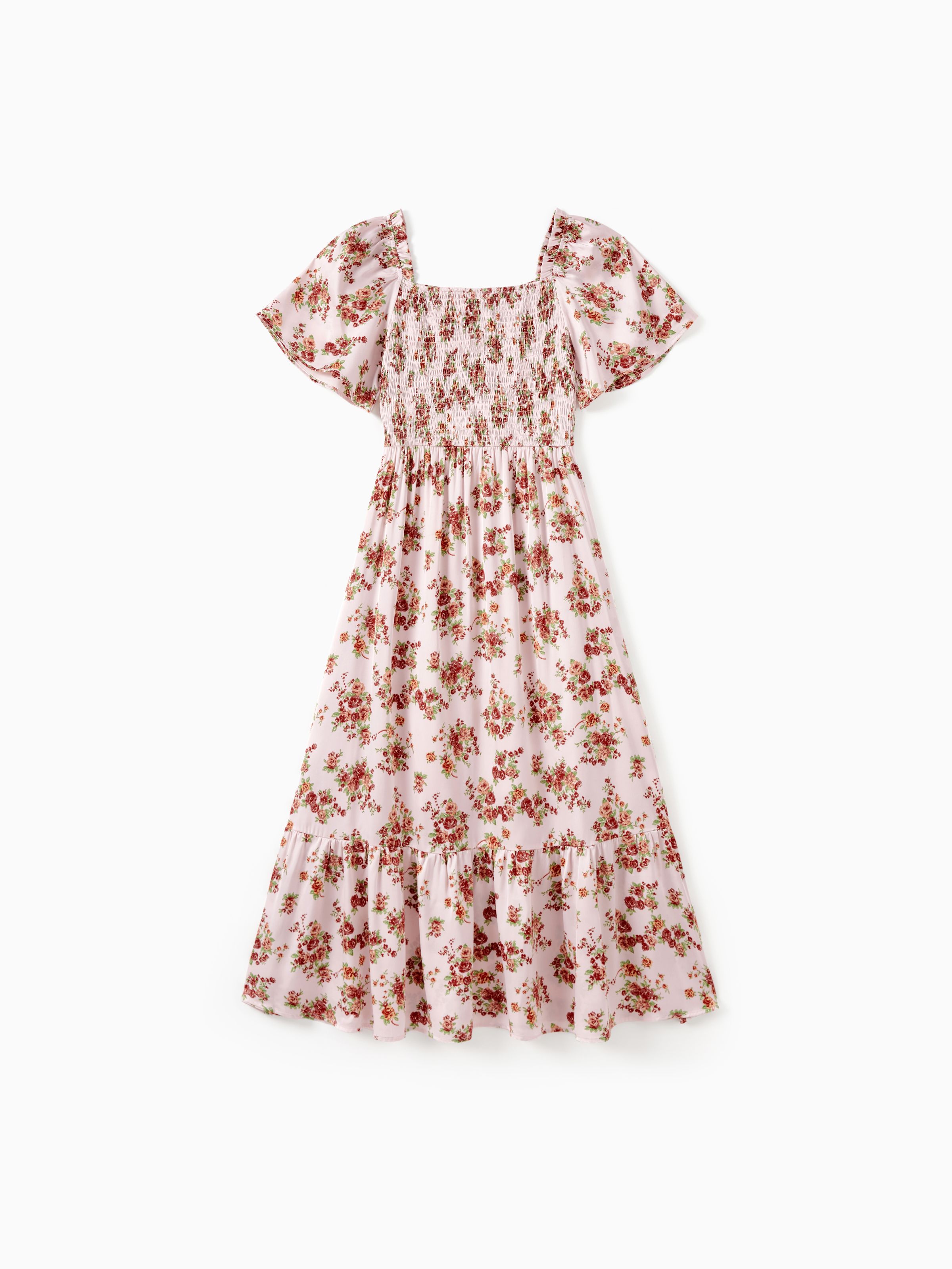 

Mommy and me Church Floral Pink Smocked Top Ruffle Hem Short Sleeves Midi Dress