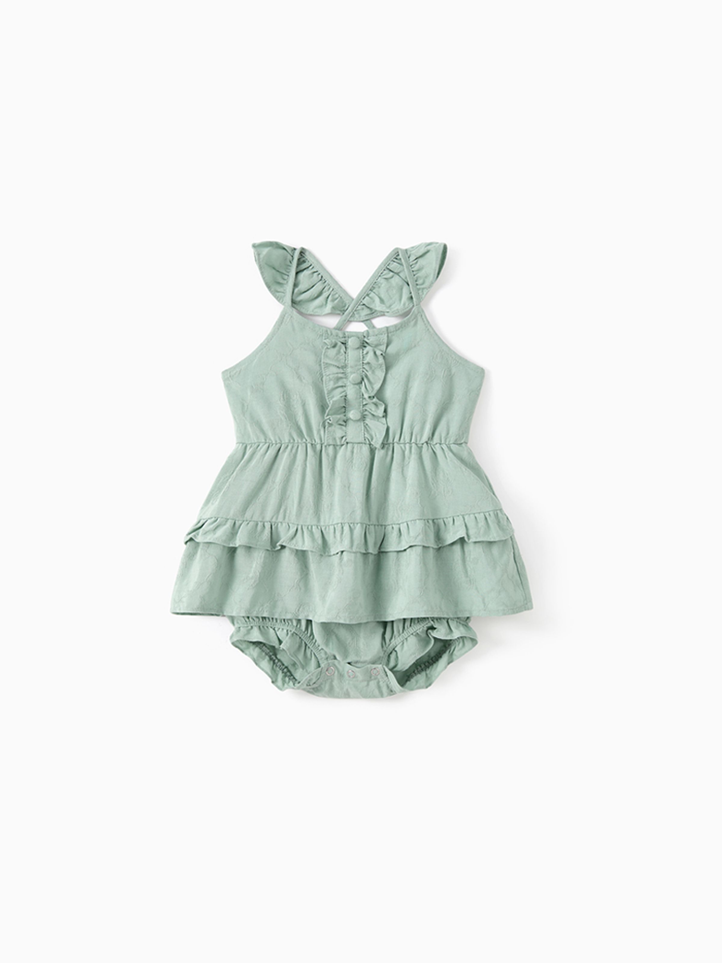 

Mommy and Me Green Faux Button Smocked Waist Flutter Strap Tiered Ruffle Hem Dress