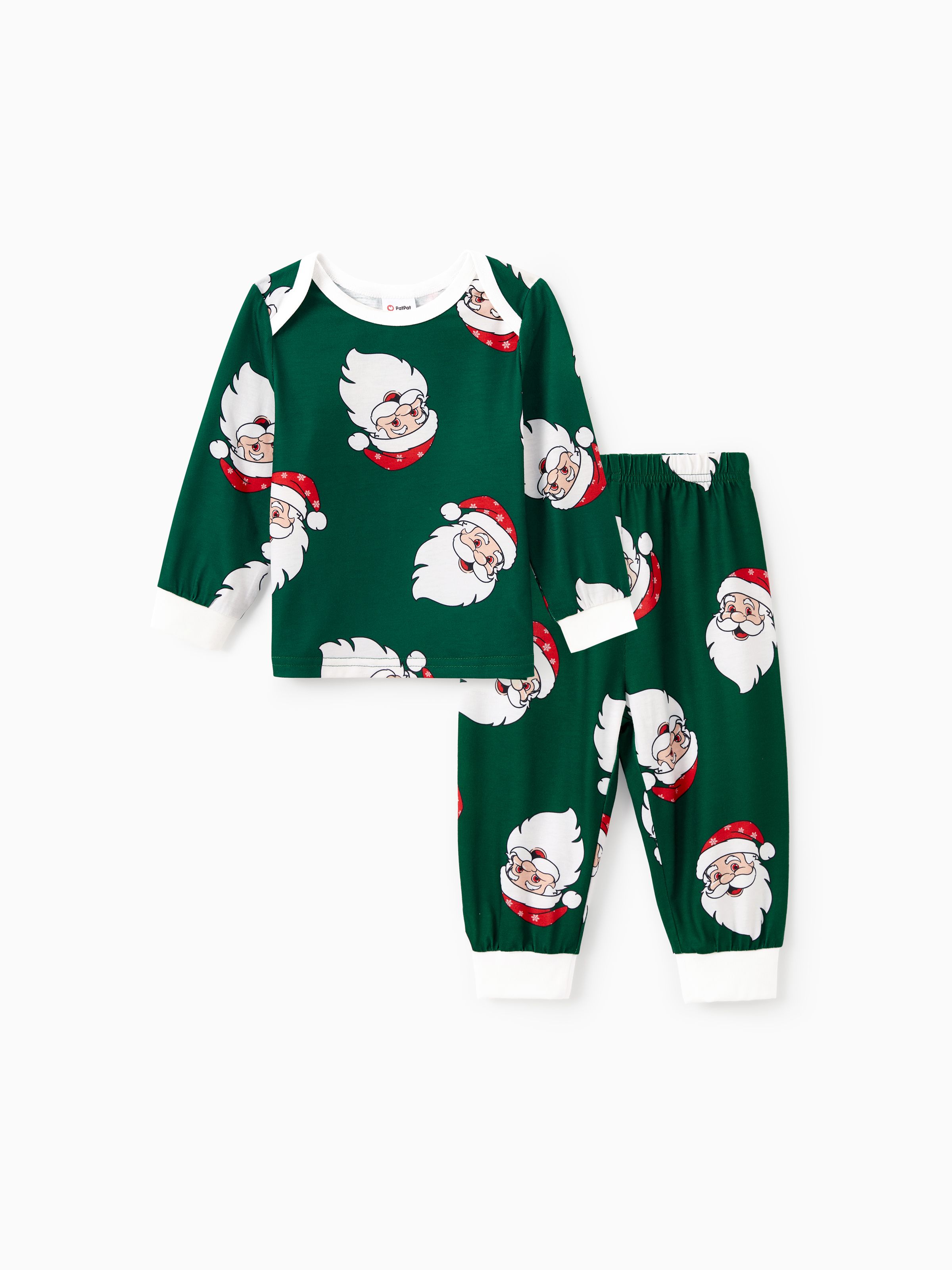 

Christmas Family Matching Dark Green Allover Santa Pattern Lapel Pajamas Sets with Drawstring and Pockets