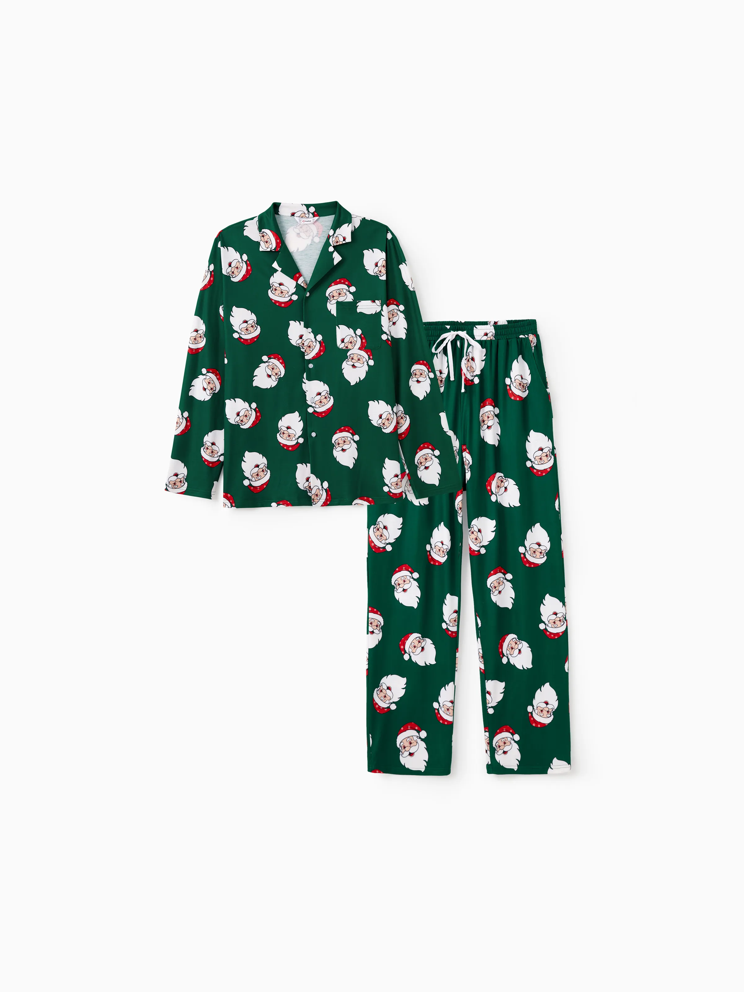 

Christmas Family Matching Dark Green Allover Santa Pattern Lapel Pajamas Sets with Drawstring and Pockets