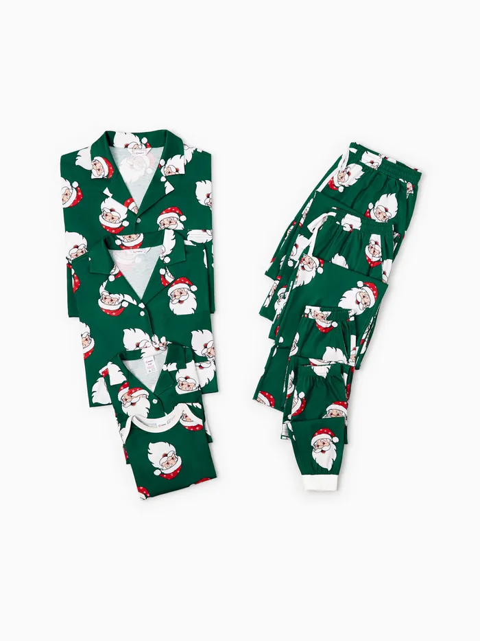 Christmas Family Matching Dark Green Allover Santa Pattern Lapel Pajamas Sets with Drawstring and Pockets 