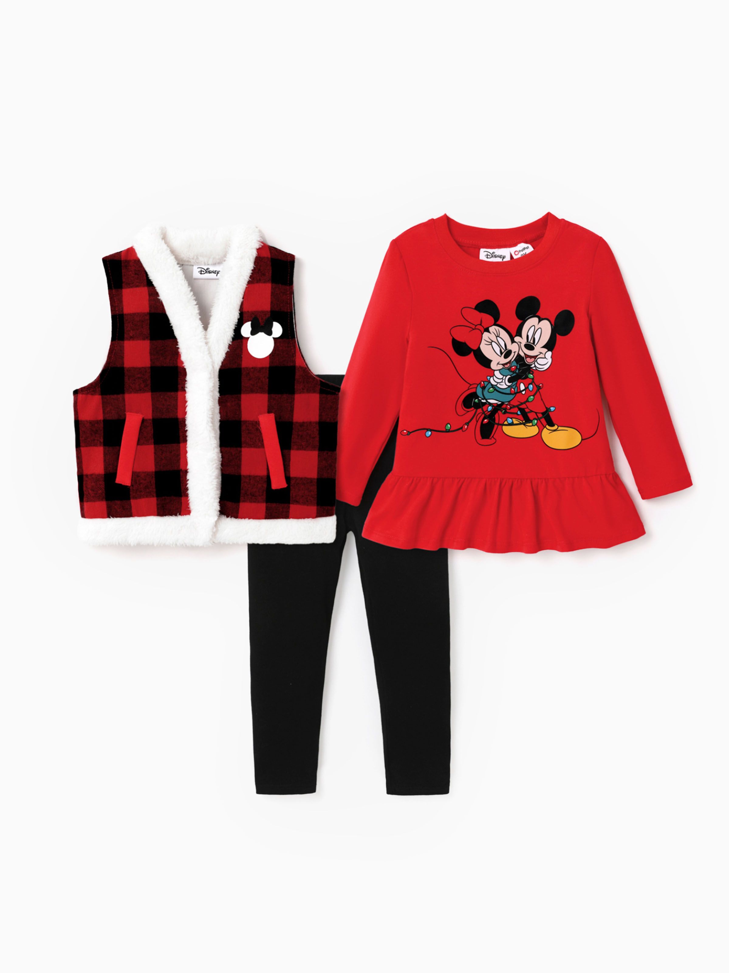 

Disney Mickey and Friends Toddler Girl 3pcs Cotton Plaid Vest Christmas Ruffle-hem Top And Pants Set