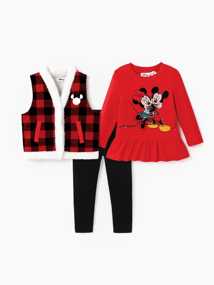 Disney Mickey and Friends Toddler Girl 3pcs Cotton Plaid Vest Christmas  Ruffle-hem 
 Top And Pants Set  