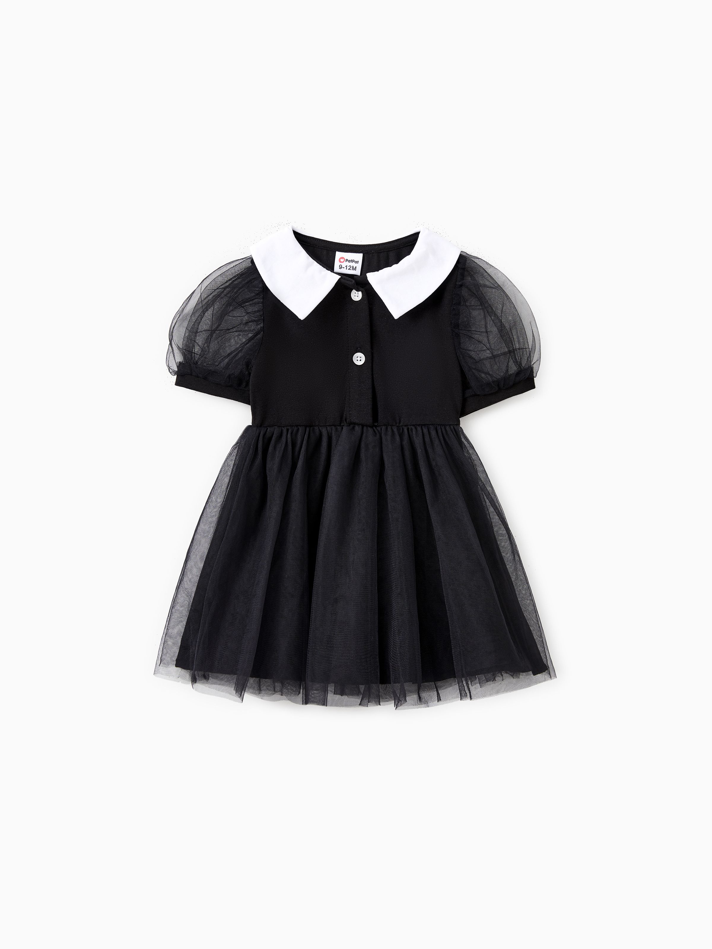 

Halloween Mommy and Me Black Tulle Mesh Peter Pan Collar Button Puff Sleeves Dress