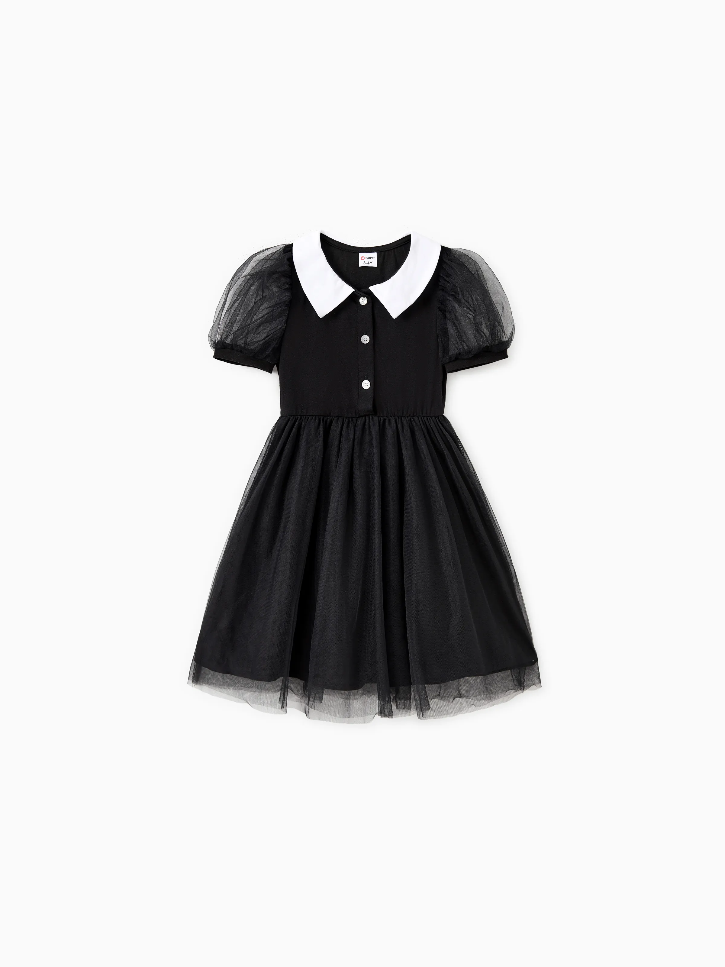 

Mommy and Me Black Tulle Mesh Peter Pan Collar Button Puff Sleeves Dress