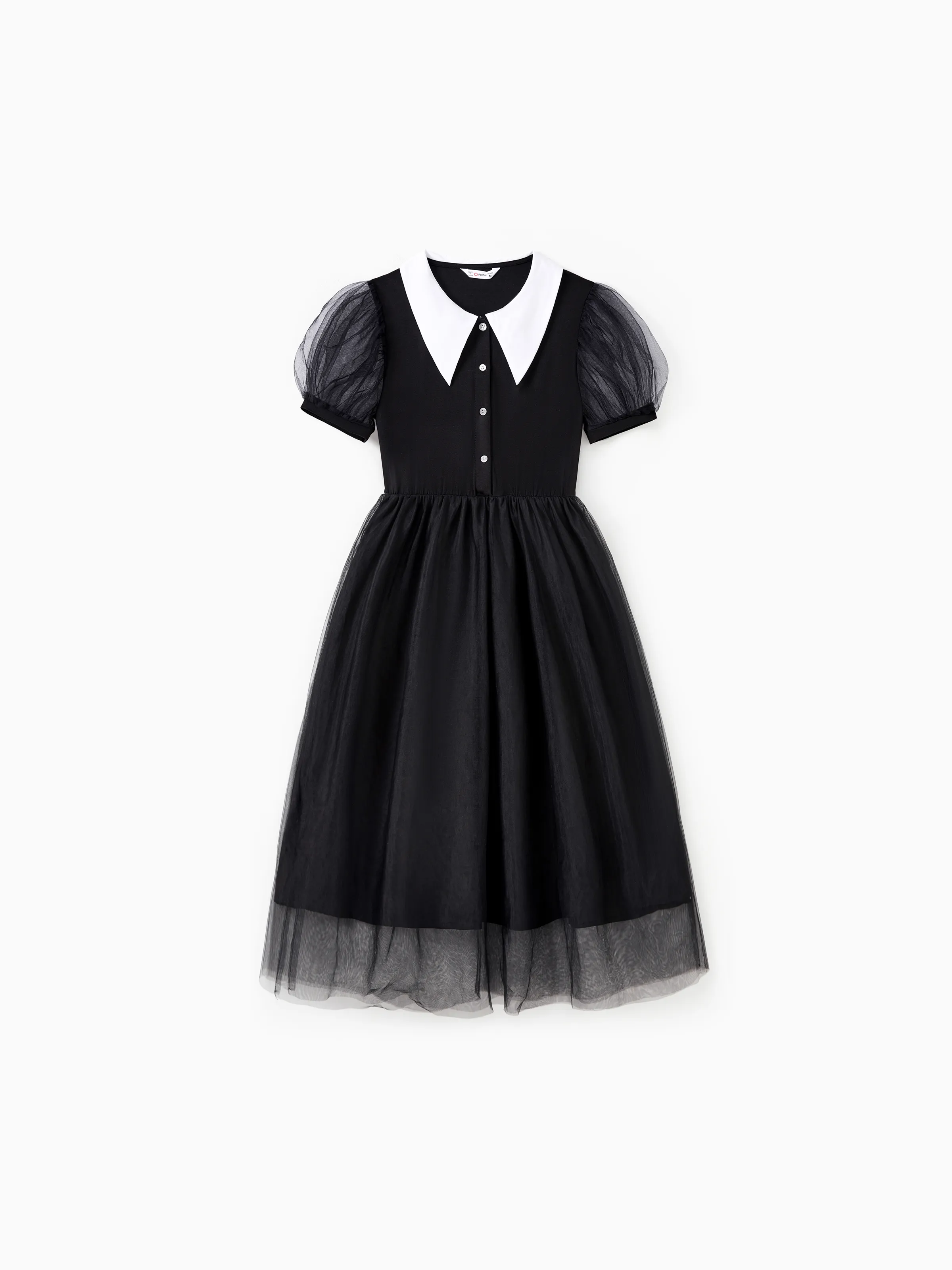 

Mommy and Me Black Tulle Mesh Peter Pan Collar Button Puff Sleeves Dress