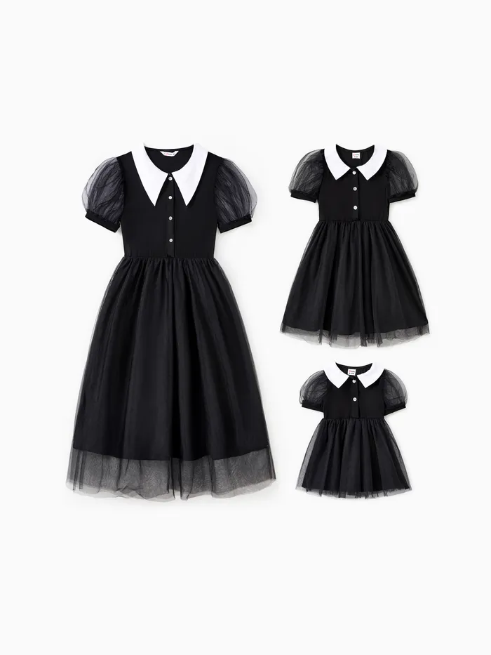 Halloween Mommy and Me Schwarzes Kleid aus Tüll-Mesh mit Bännchenkragen und Puffärmeln mit Knopfleiste