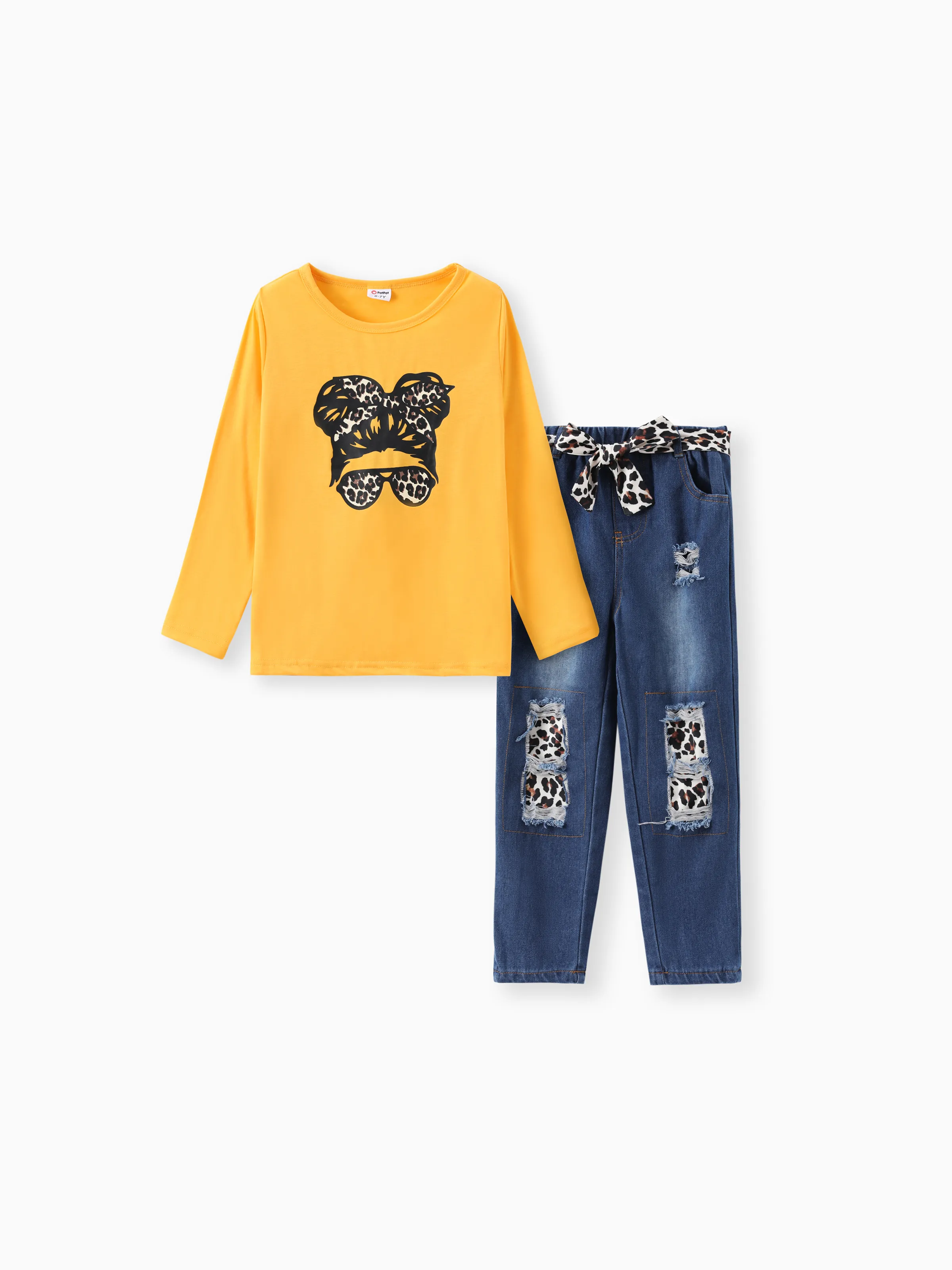 

2pcs Kid Girl Figure Print Long-sleeve Pink Tee and Belted Ripped Denim Jeans Set