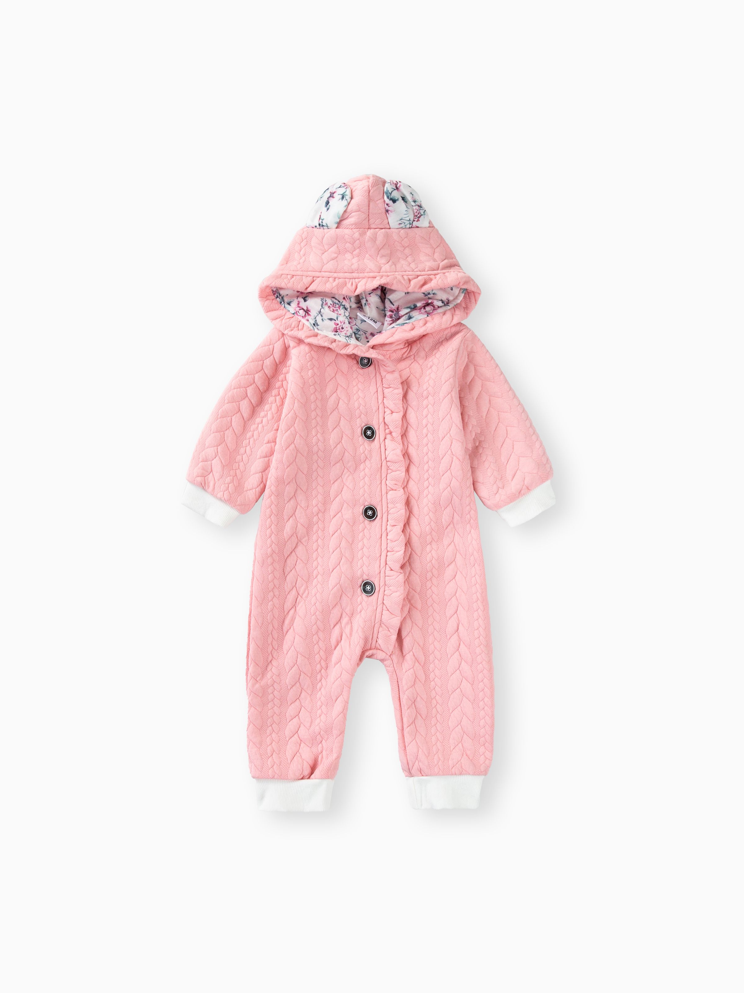 

3D Ears Hooded Long-sleeve Ruffle Pink Thickened Lined Baby Jumpsuit