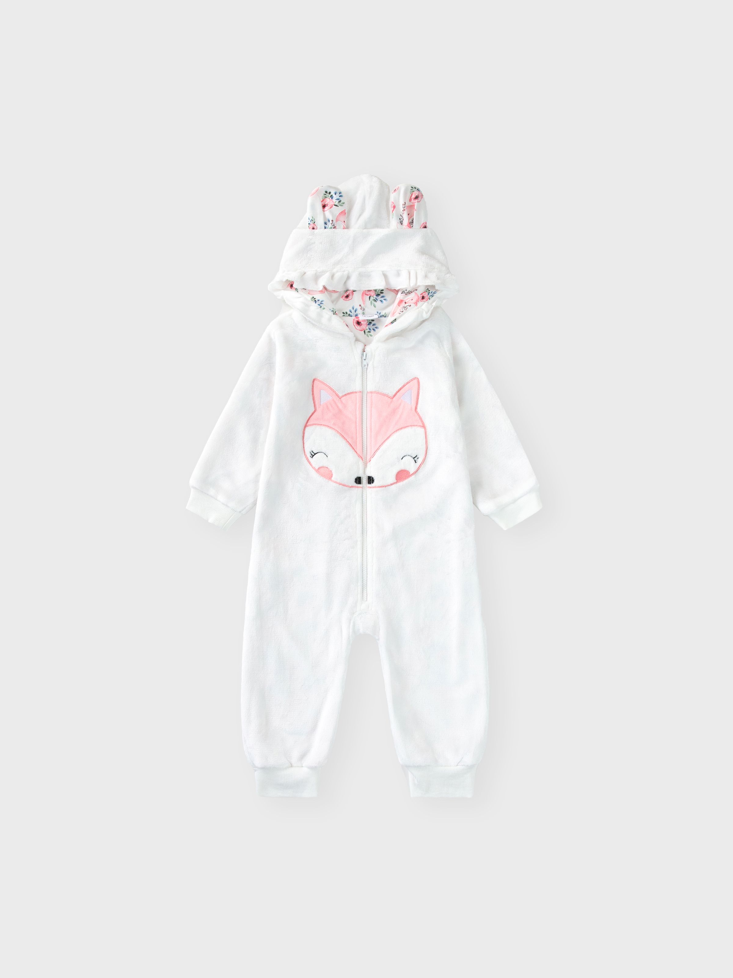 

Baby Girl Fox Embroidered 3D Ears Hooded Long-sleeve Thermal Fuzzy Jumpsuit