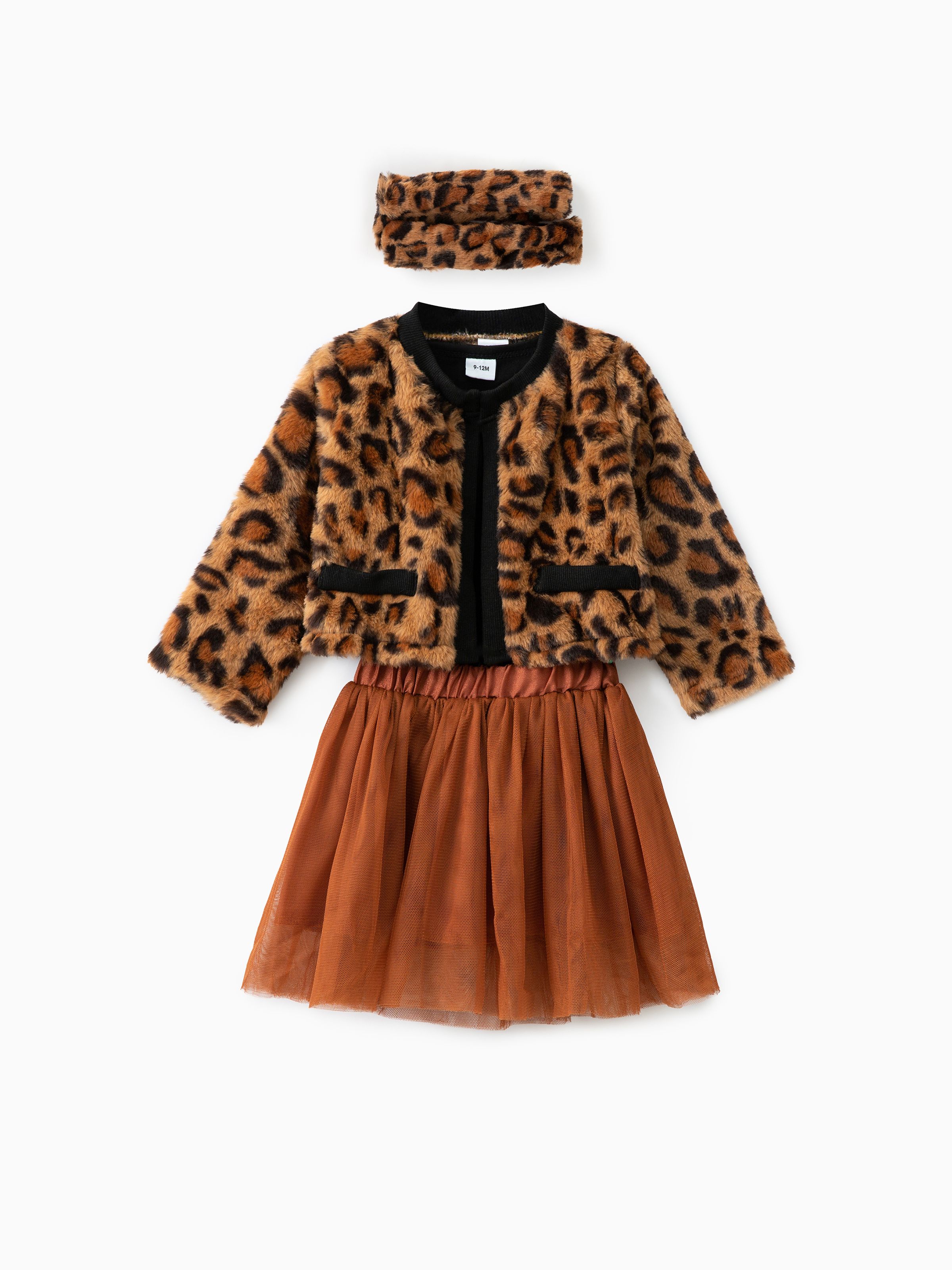 

4pcs Baby Thickened Fleece Long-sleeve Leopard Outwear and Mesh Tutu Skirt with Romper Set