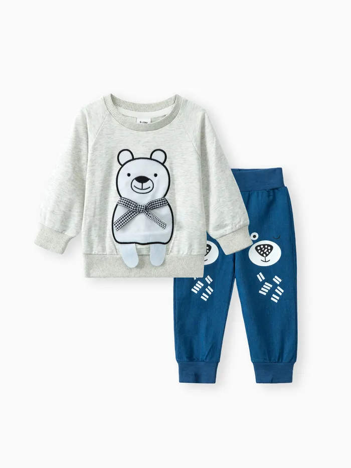 2pcs Baby Cartoon Bear Embroidered Long-sleeve Sweatshirt and Trousers Set