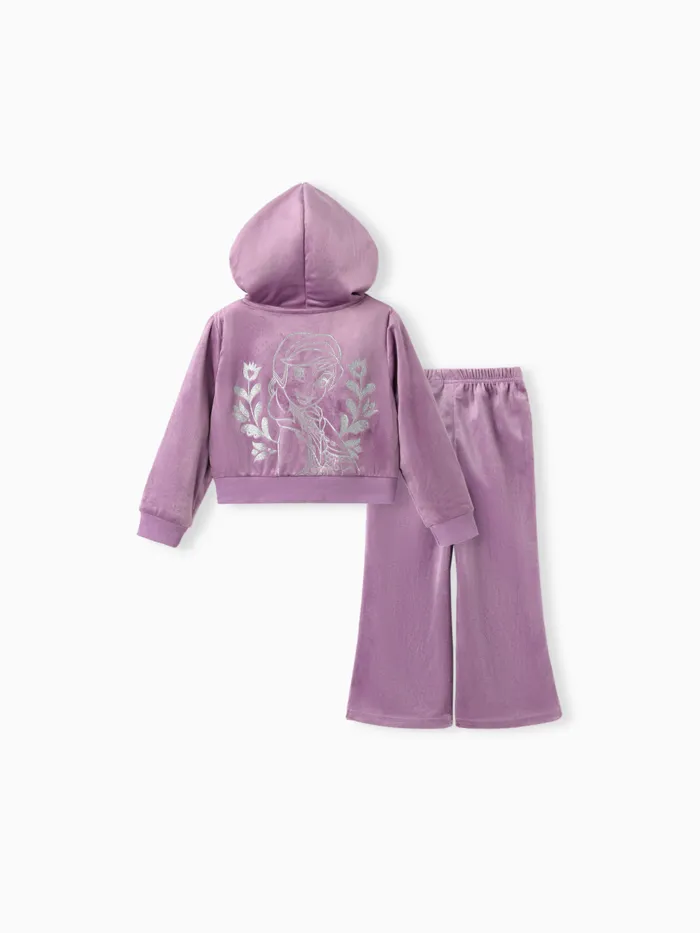 Disney Frozen Toddler Girl 2pcs ELsa/Anna Chaqueta con capucha con cremallera de terciopelo floral con conjunto de pantalones acampanados