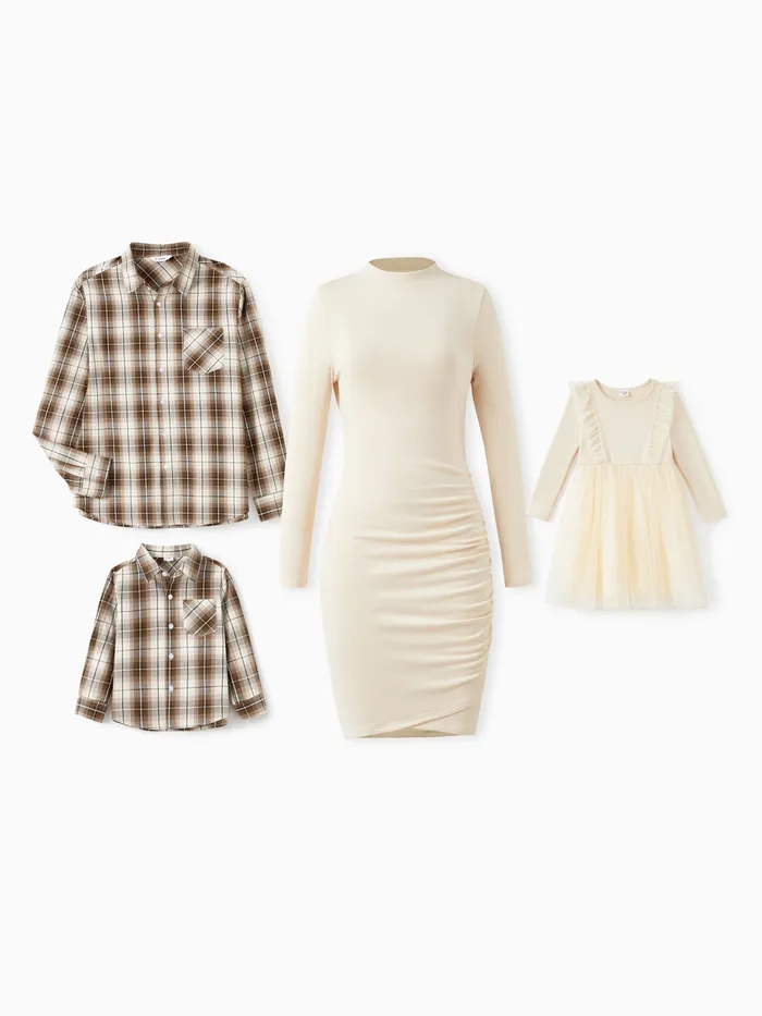 Family Matching Sets Plaid Long Sleeves Shirt or Bodycon / Tulle Dress