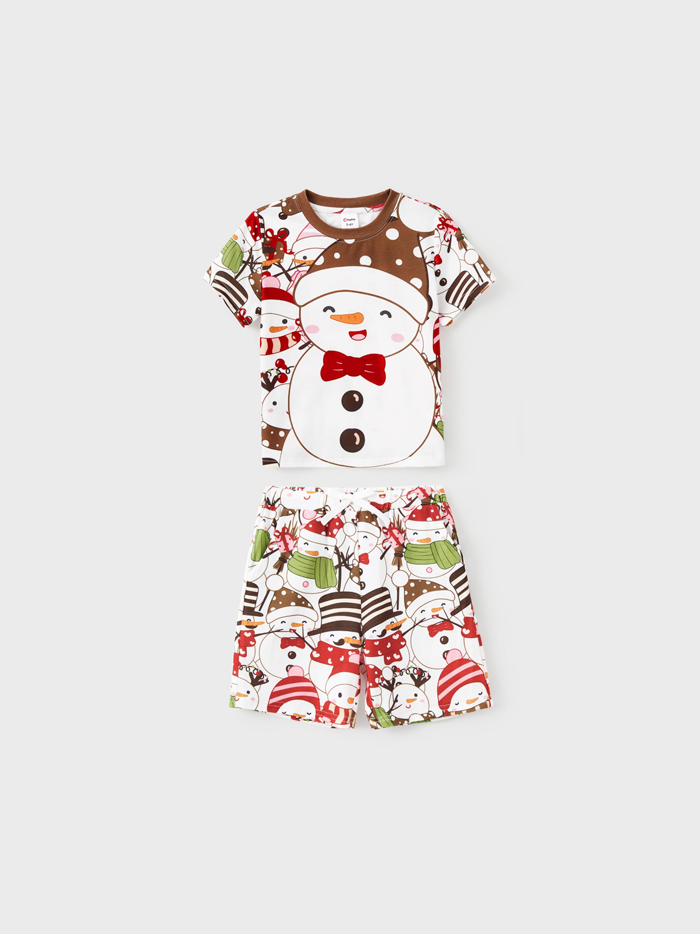 

Christmas Family Short Sleeves Snowman Big Graphic Tops Allover Pattern Shorts Pajamas Sets ( Flame Resistant )