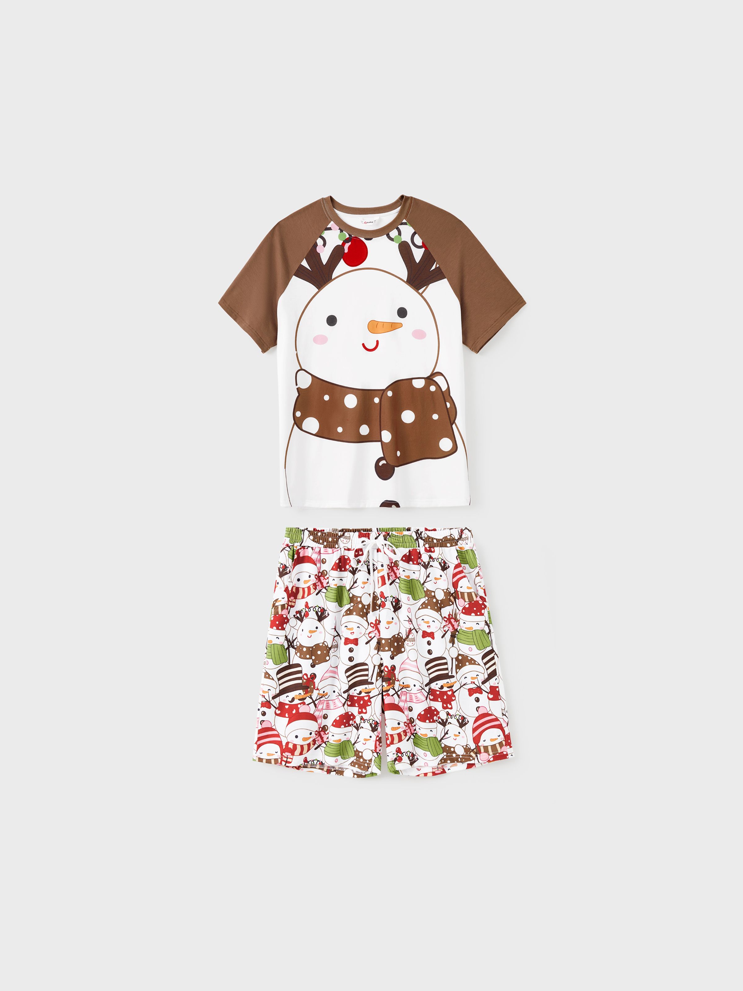 

Christmas Family Short Sleeves Snowman Big Graphic Tops Allover Pattern Shorts Pajamas Sets ( Flame Resistant )